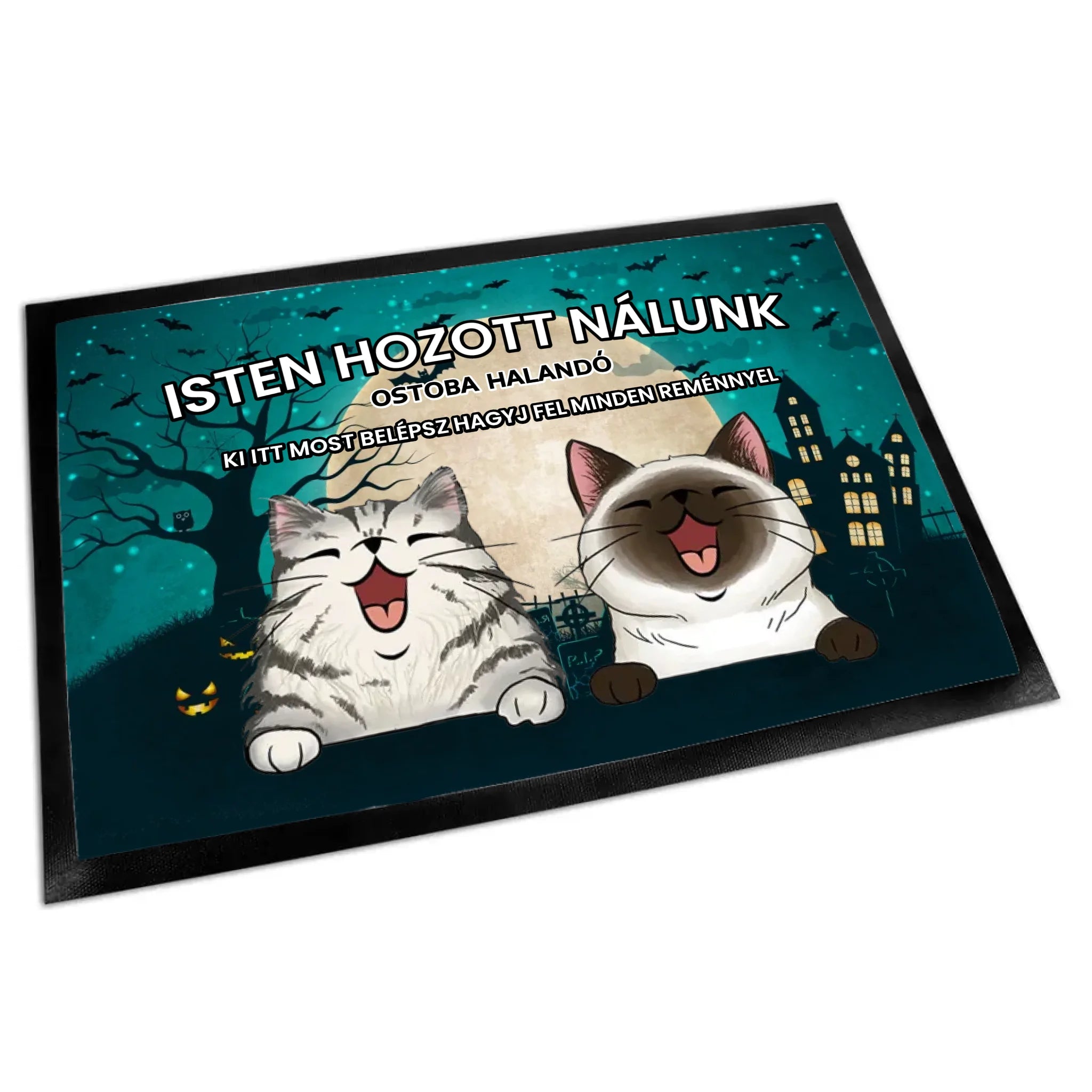 Személyre szabható Halloween lábtörlő - egyedi macskás ajándék