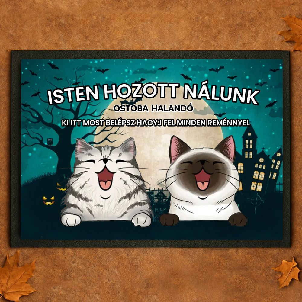 Személyre szabható Halloween lábtörlő - egyedi macskás ajándék