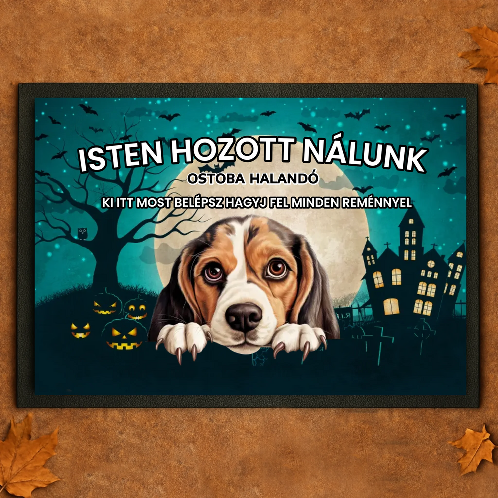 Személyre szabható Halloween lábtörlő - egyedi kutyás ajándék