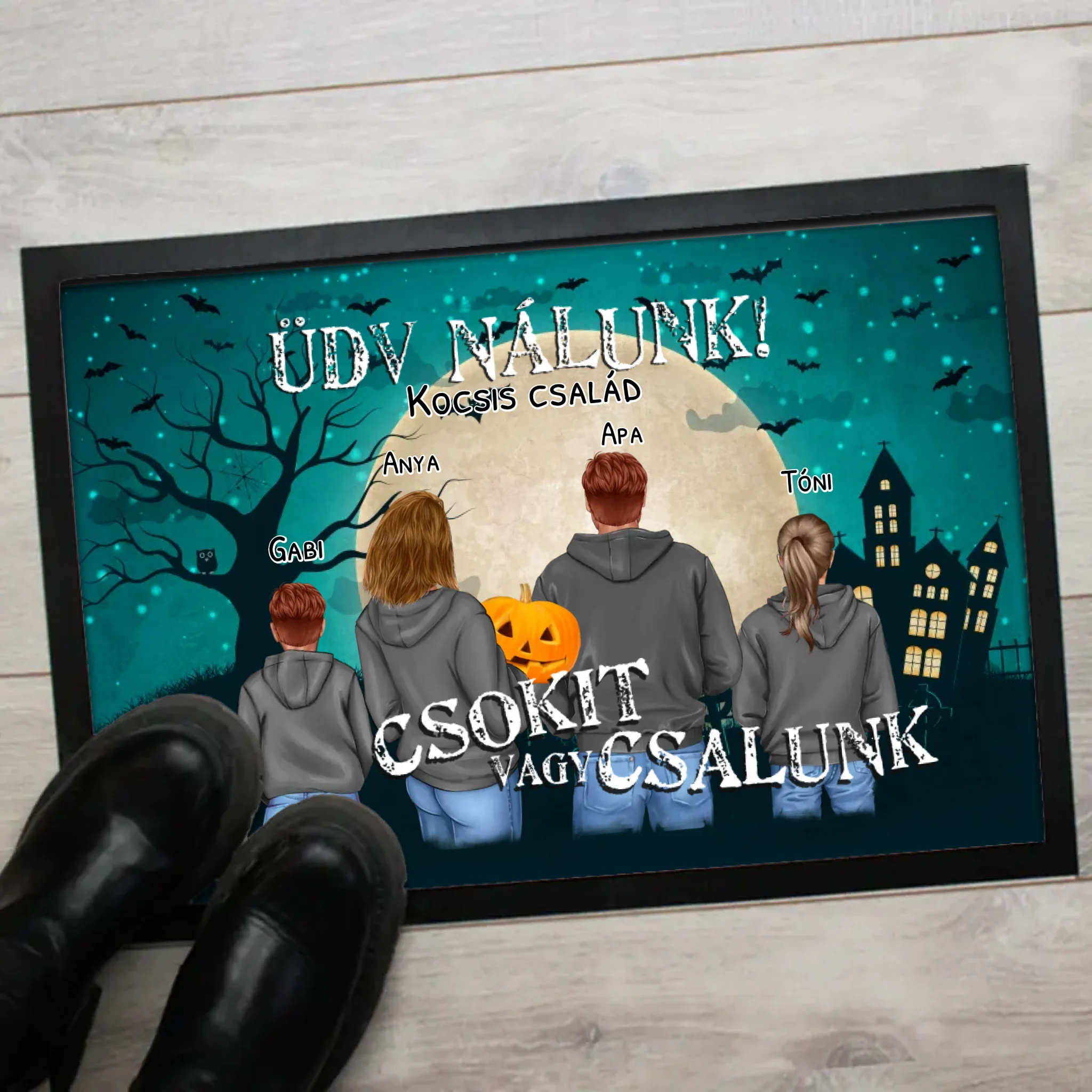 Személyre szabható Halloween lábtörlő - egyedi családi ajándék