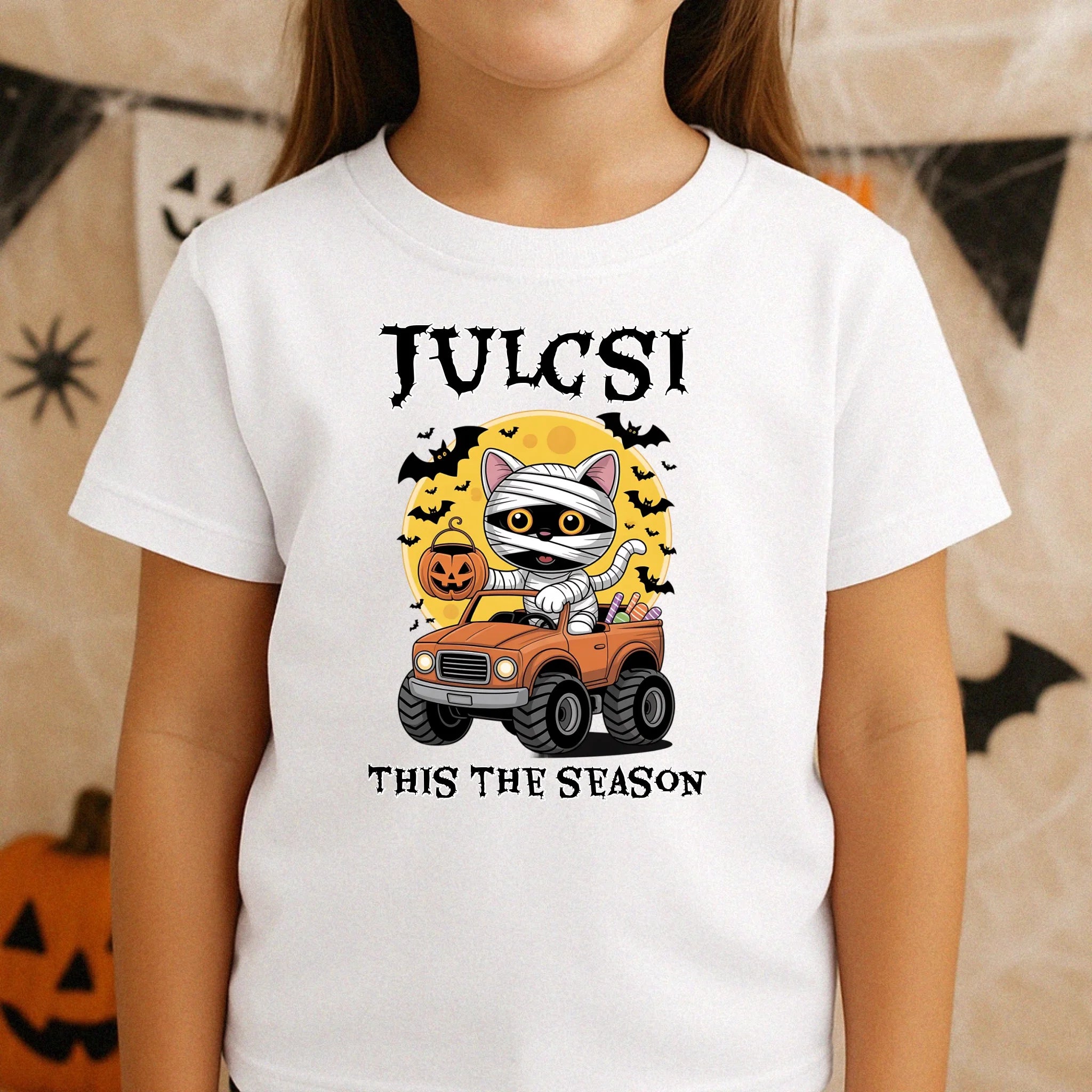 Halloweeni póló gyerekeknek egyedi névvel - This the season cicás póló lányoknak és fiúknak