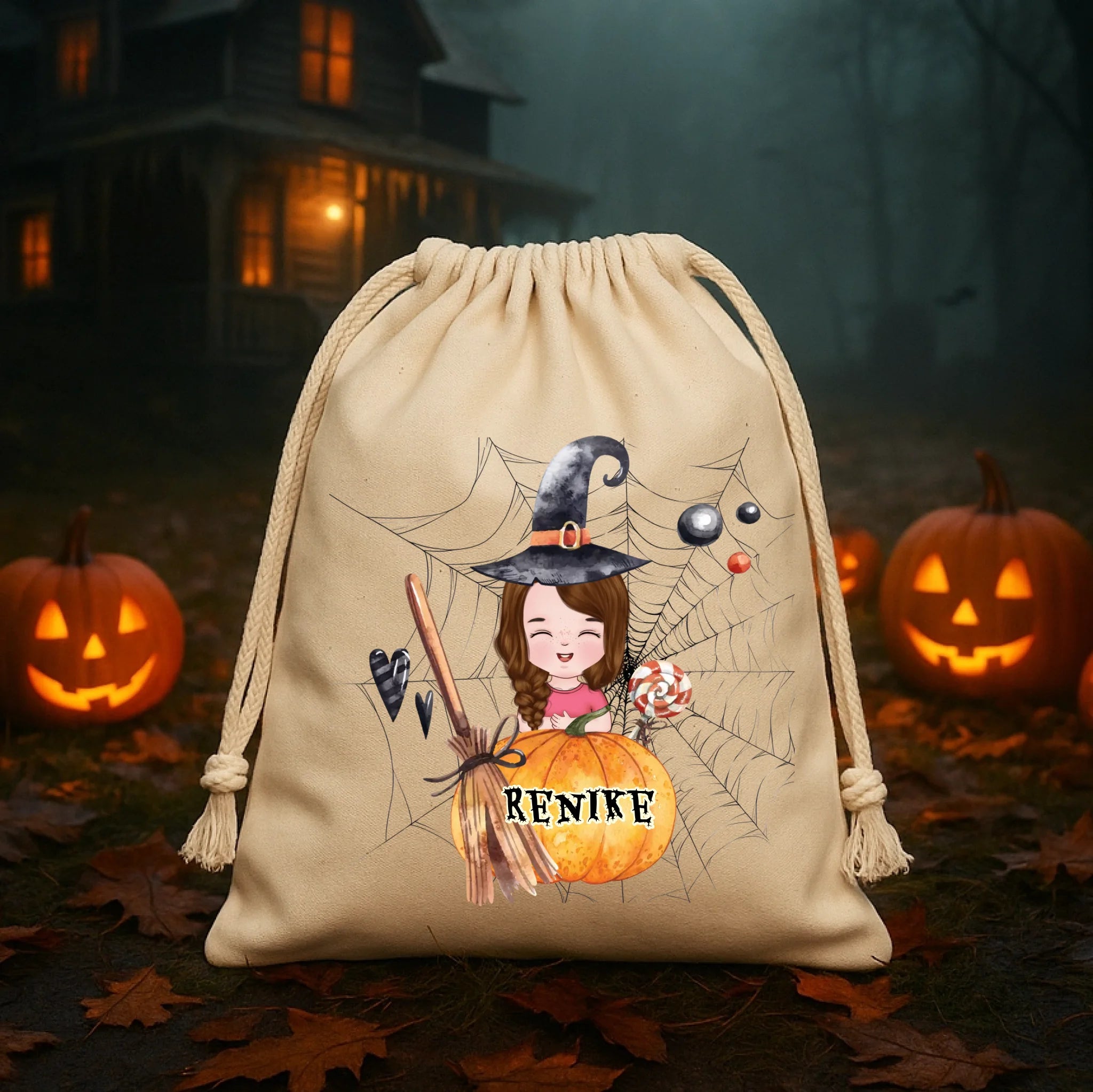 Egyedi neves halloween zsák gyerekeknek szerkeszthető karakterrel