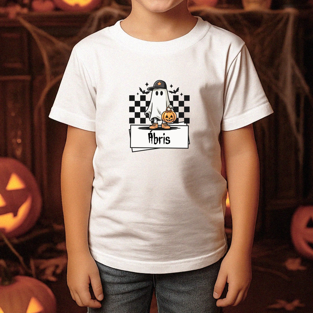 Halloweeni szellem mintás gyerek póló egyedi névvel