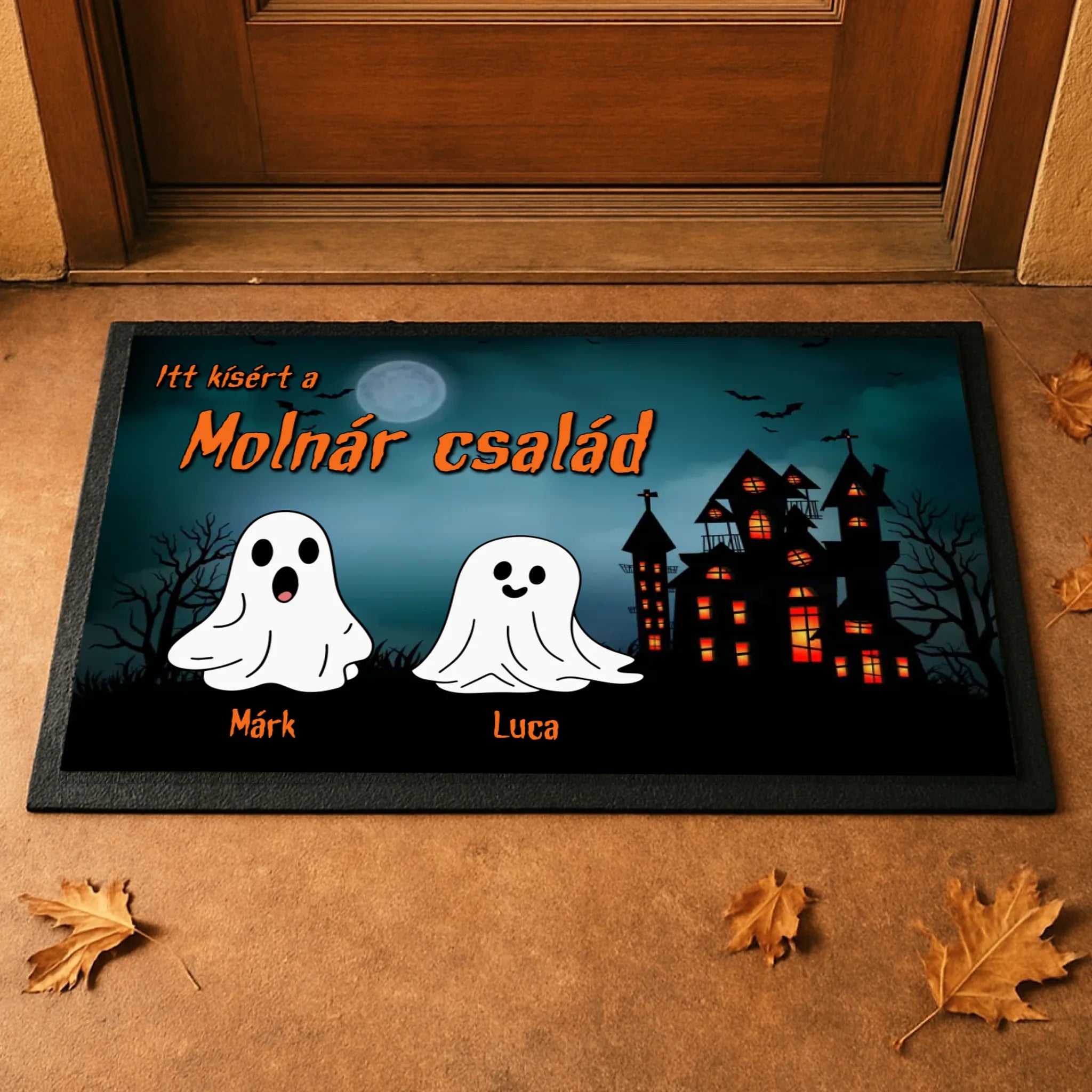 Személyre szabható halloweeni lábtörlő - névvel és szellemekkel