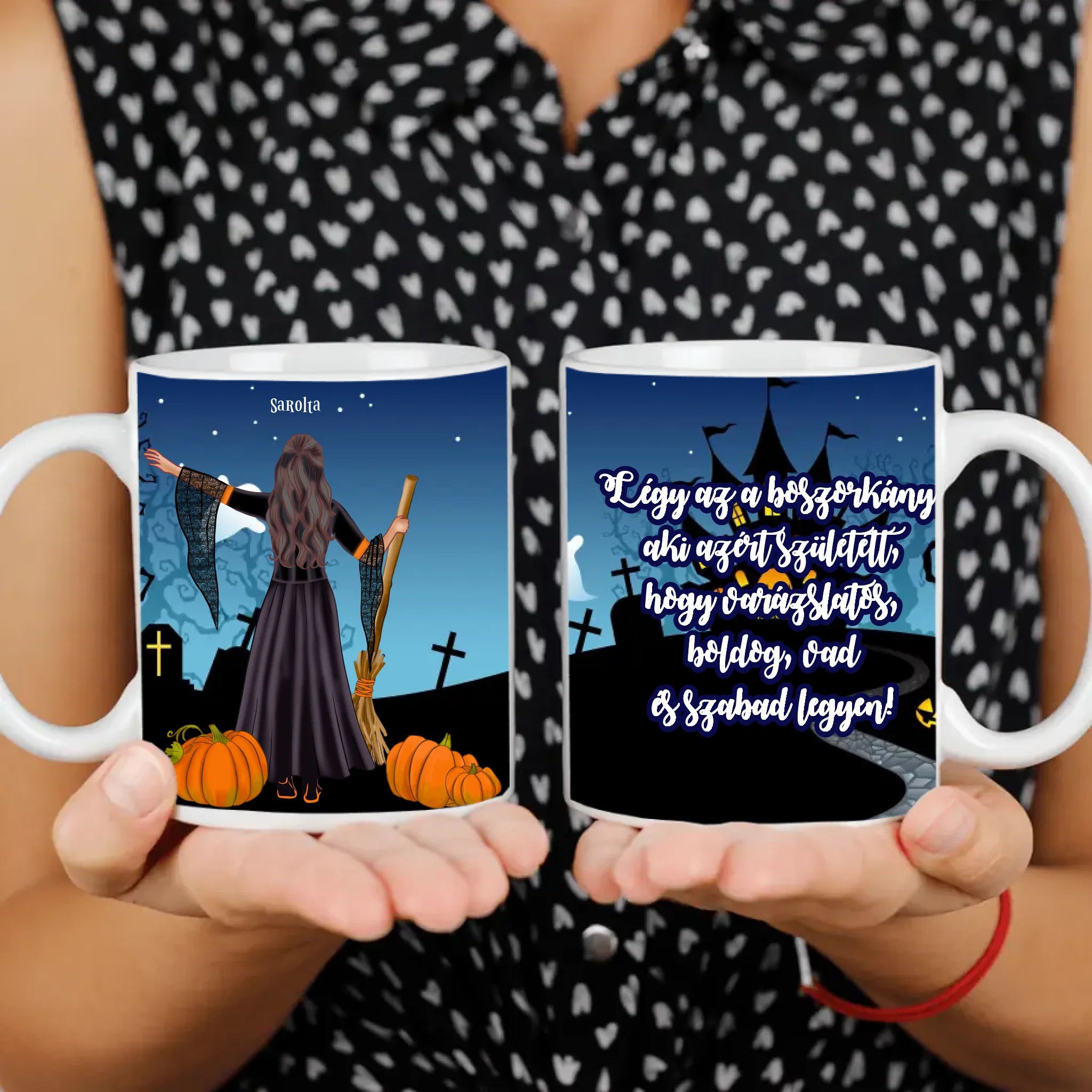 Halloweeni szerkeszthető karakteres egyedi neves feliratos bögre