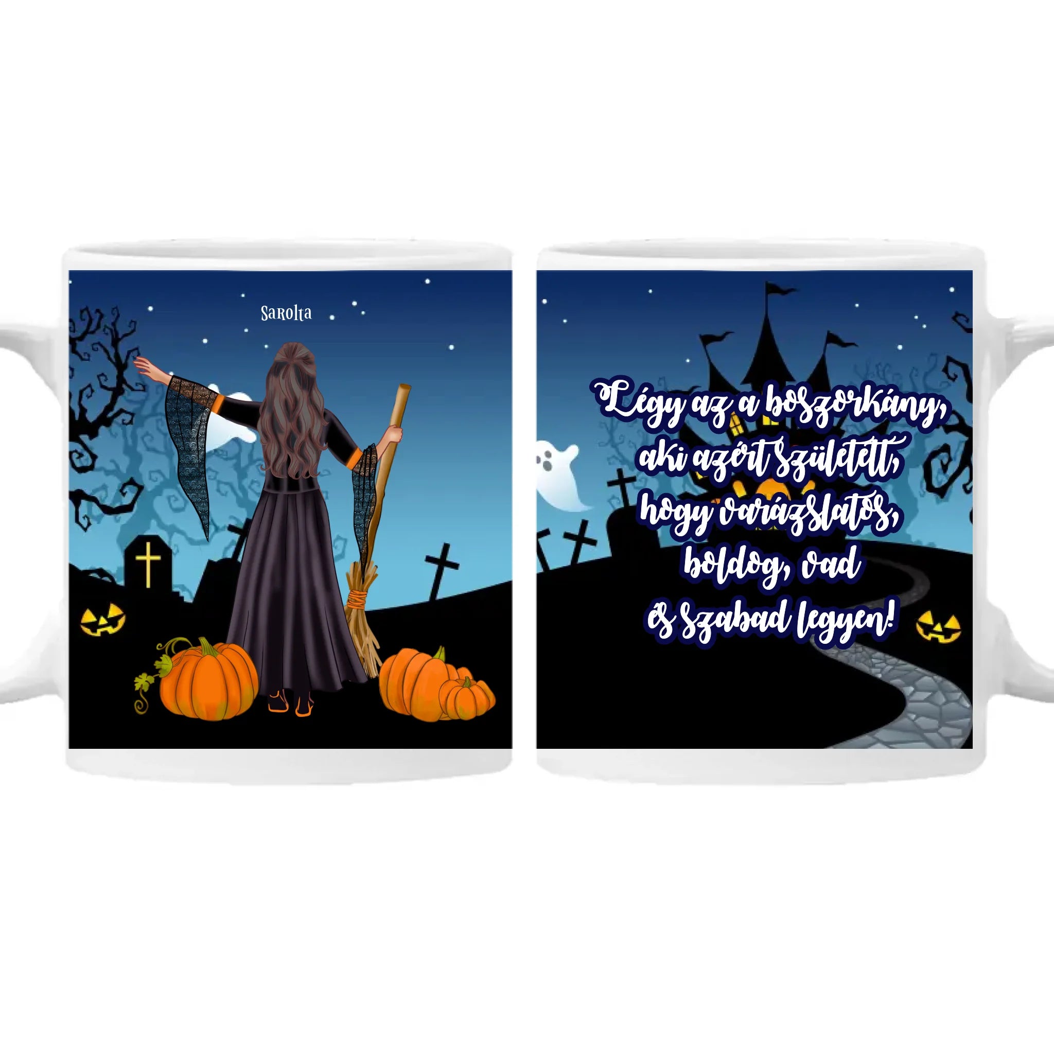 Halloweeni szerkeszthető karakteres egyedi neves feliratos bögre