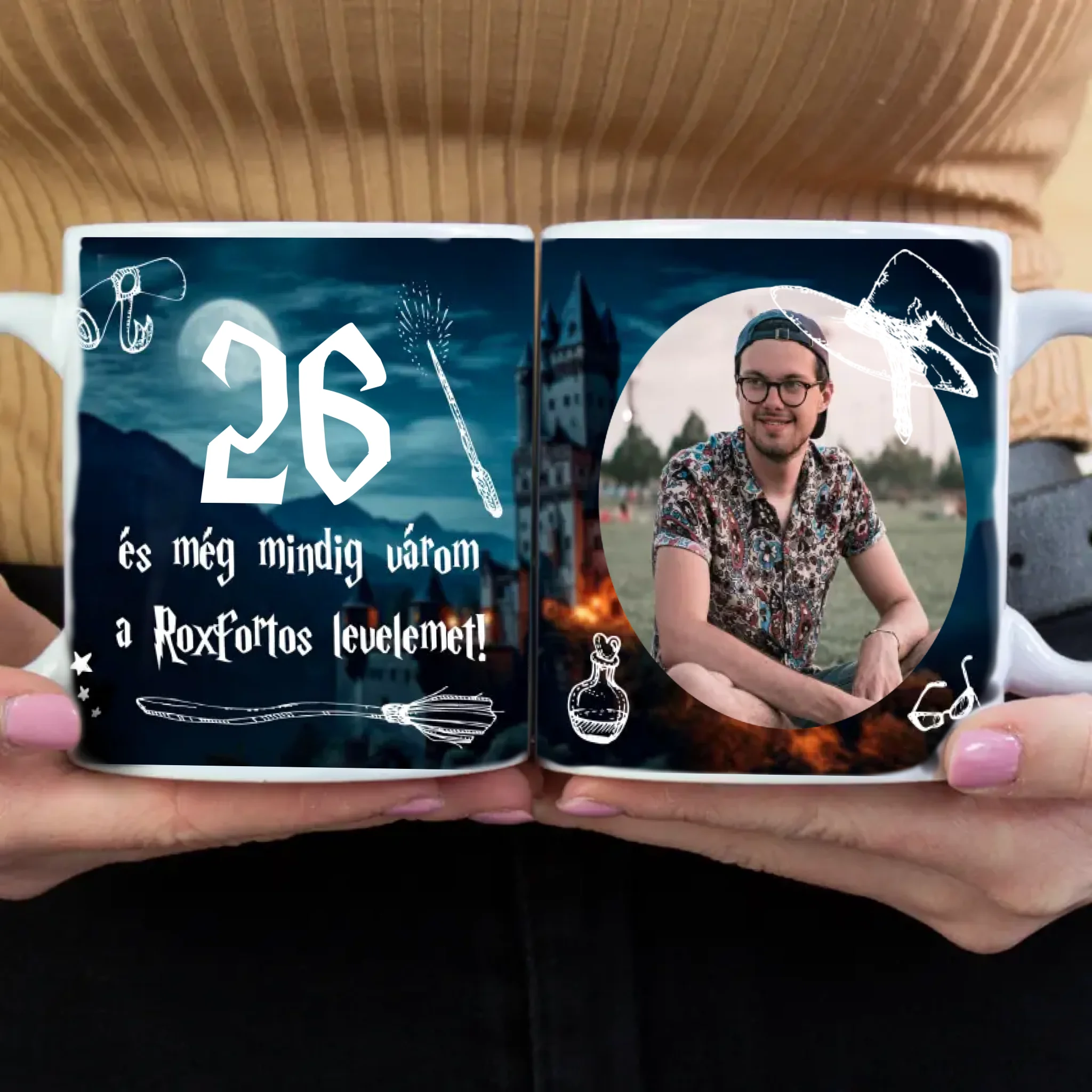 Születésnapi bögre varázslóvilág levelére várok egyedi számmal és fotóval