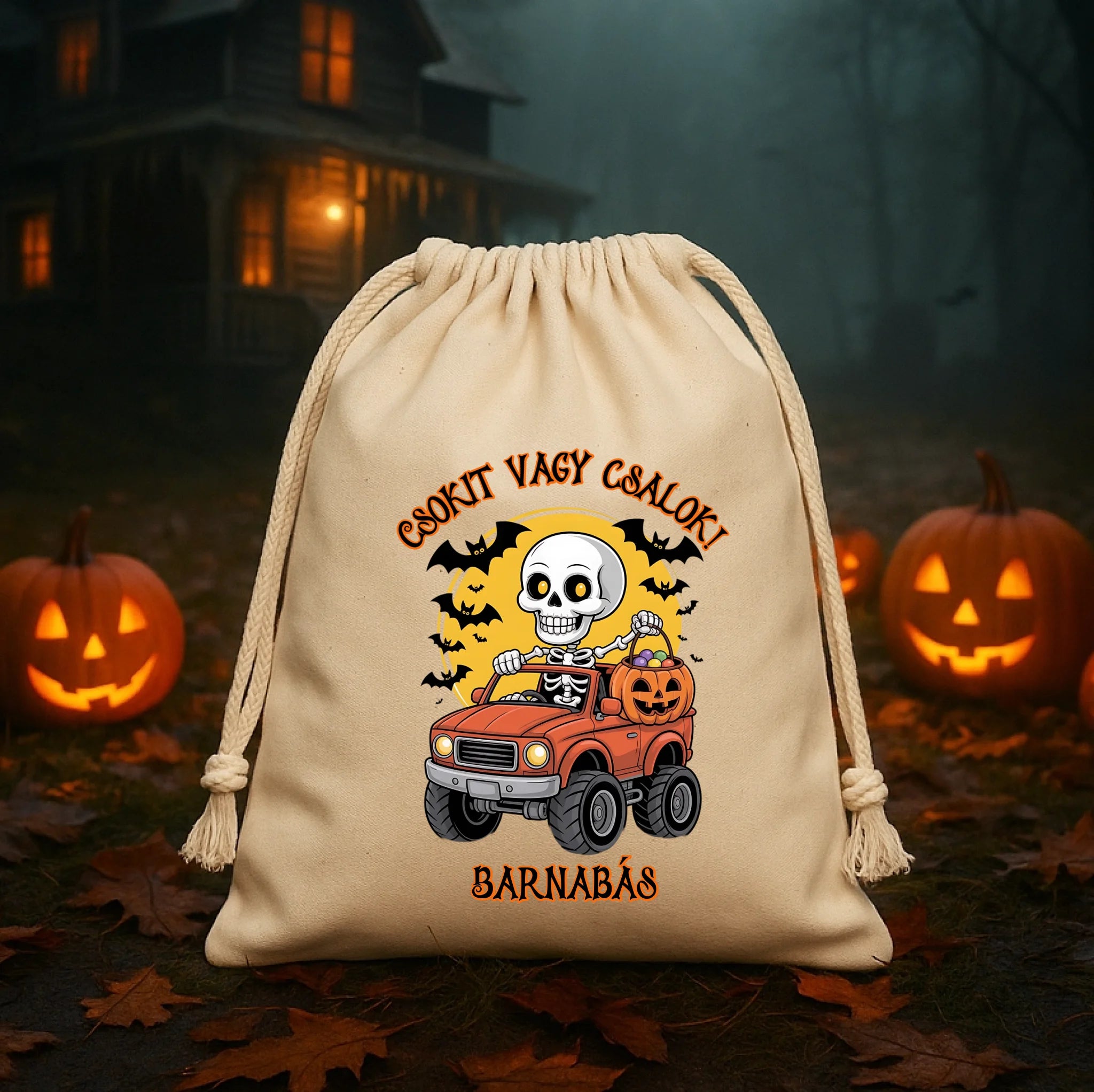 Egyedi neves halloween zsák gyerekeknek szerkeszthető karakterrel