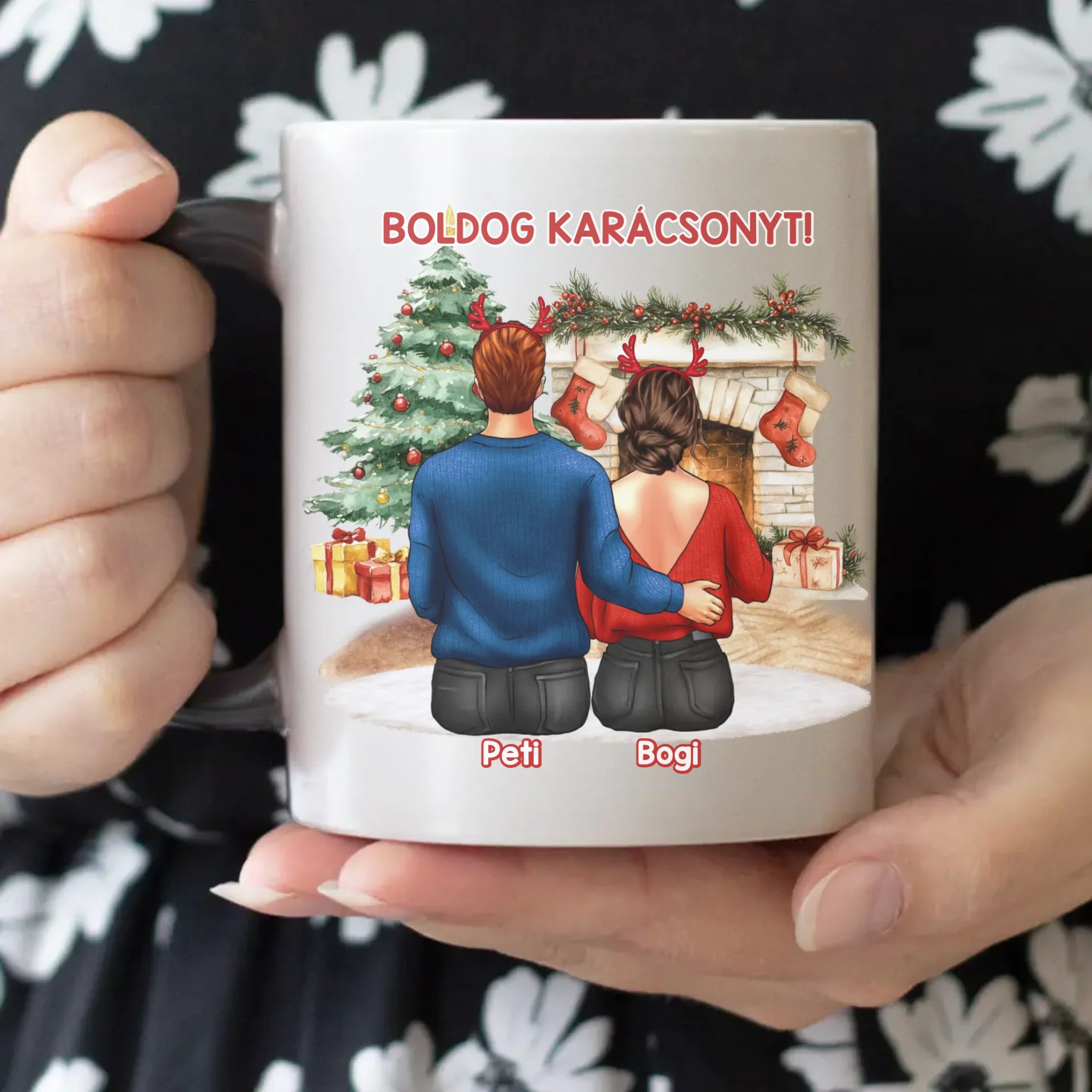Karácsonyi ajándék bögre pároknak hőre változó fekete fehér bögre
