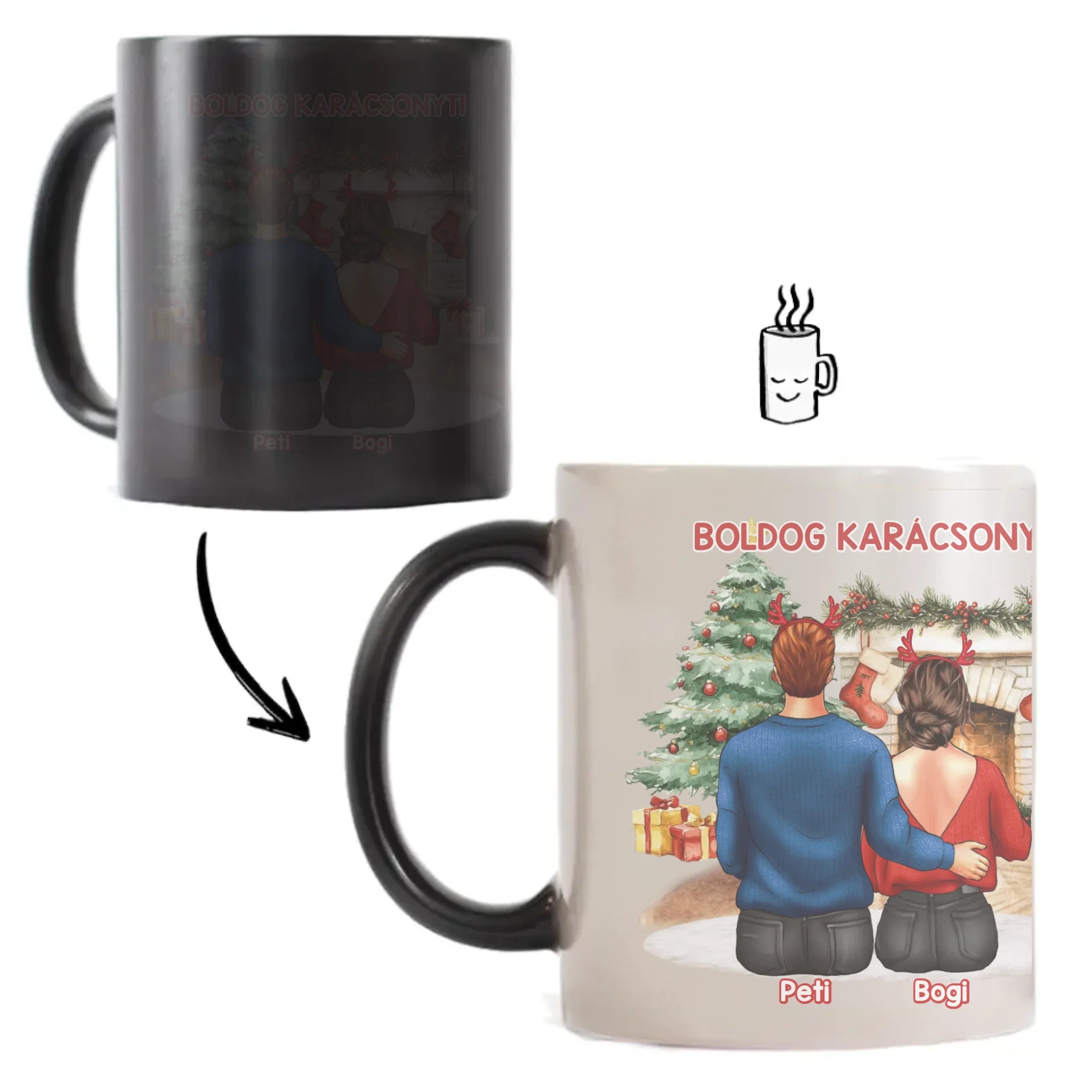 Karácsonyi ajándék bögre pároknak hőre változó fekete fehér bögre