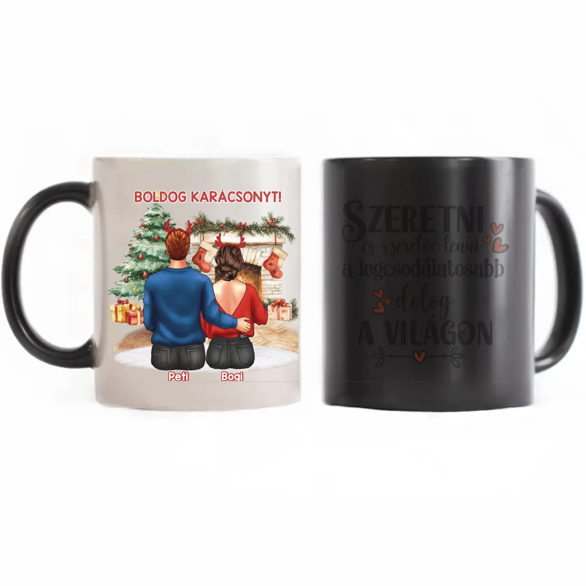 Karácsonyi ajándék bögre pároknak hőre változó fekete fehér bögre