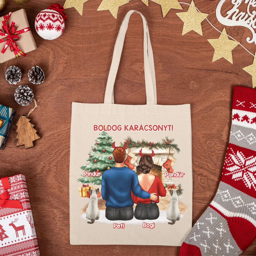 Szerkeszthető macskás karácsonyi vászontáska pároknak