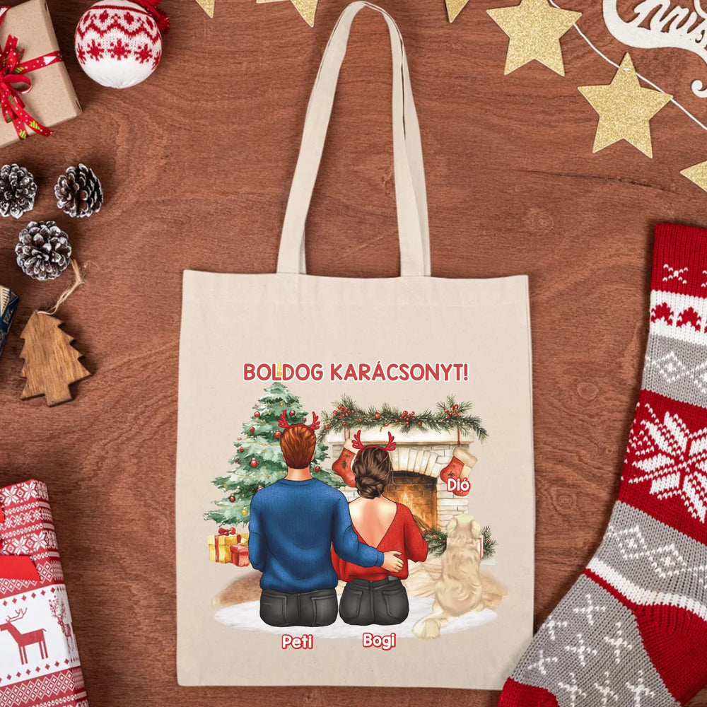 Szerkeszthető kutyás karácsonyi vászontáska pároknak