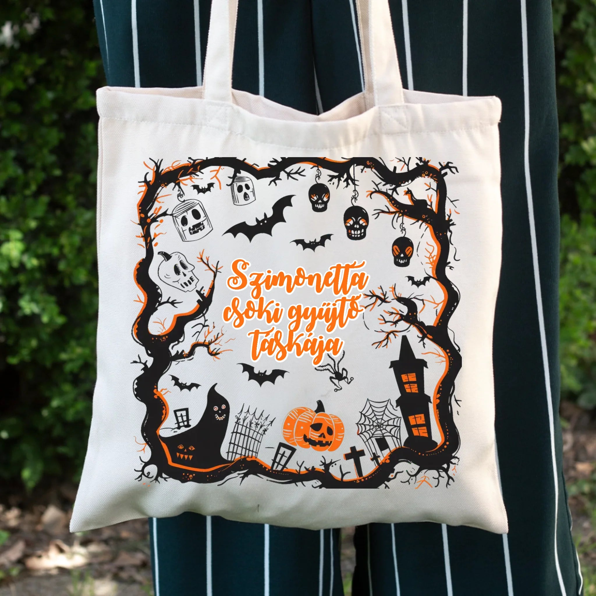 Halloweeni vászontáska egyedi névvel és mintával