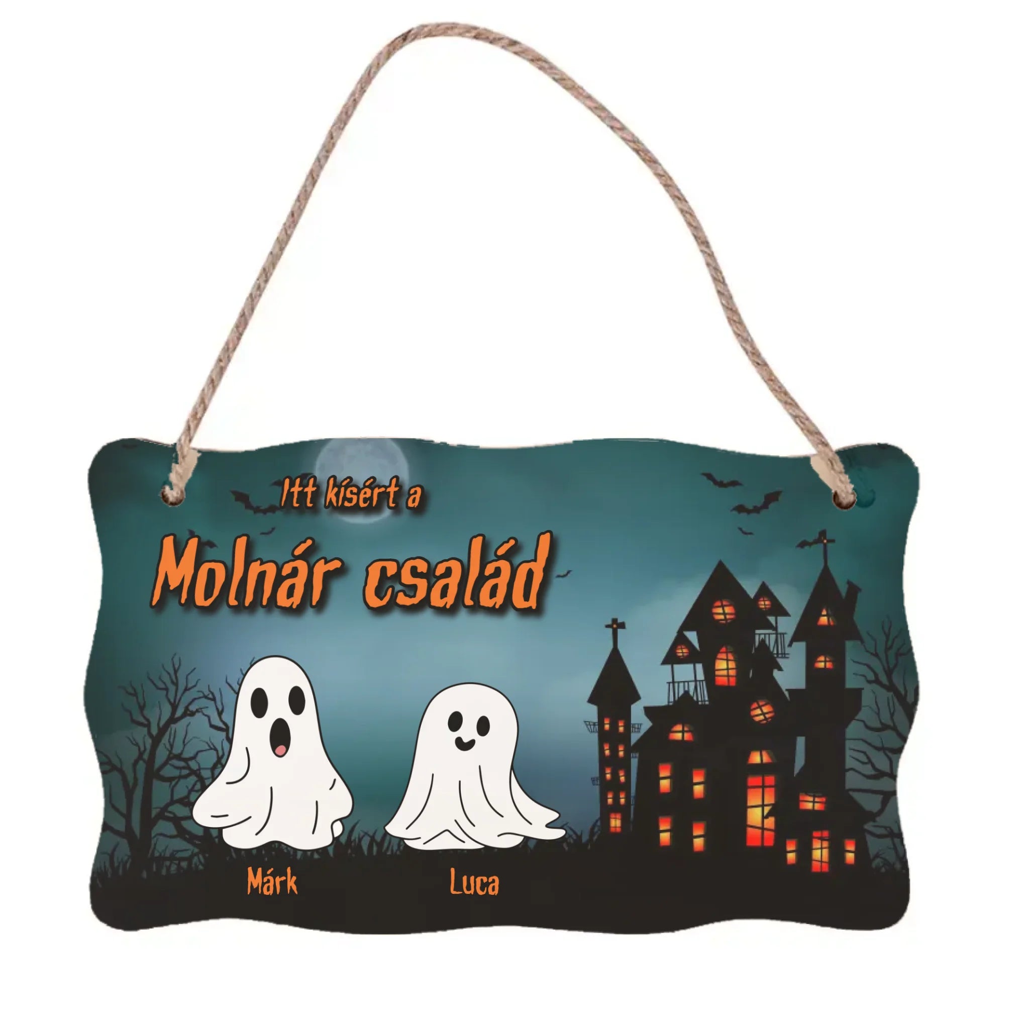 Személyre szabható halloweeni dísztábla - névvel és szellemekkel