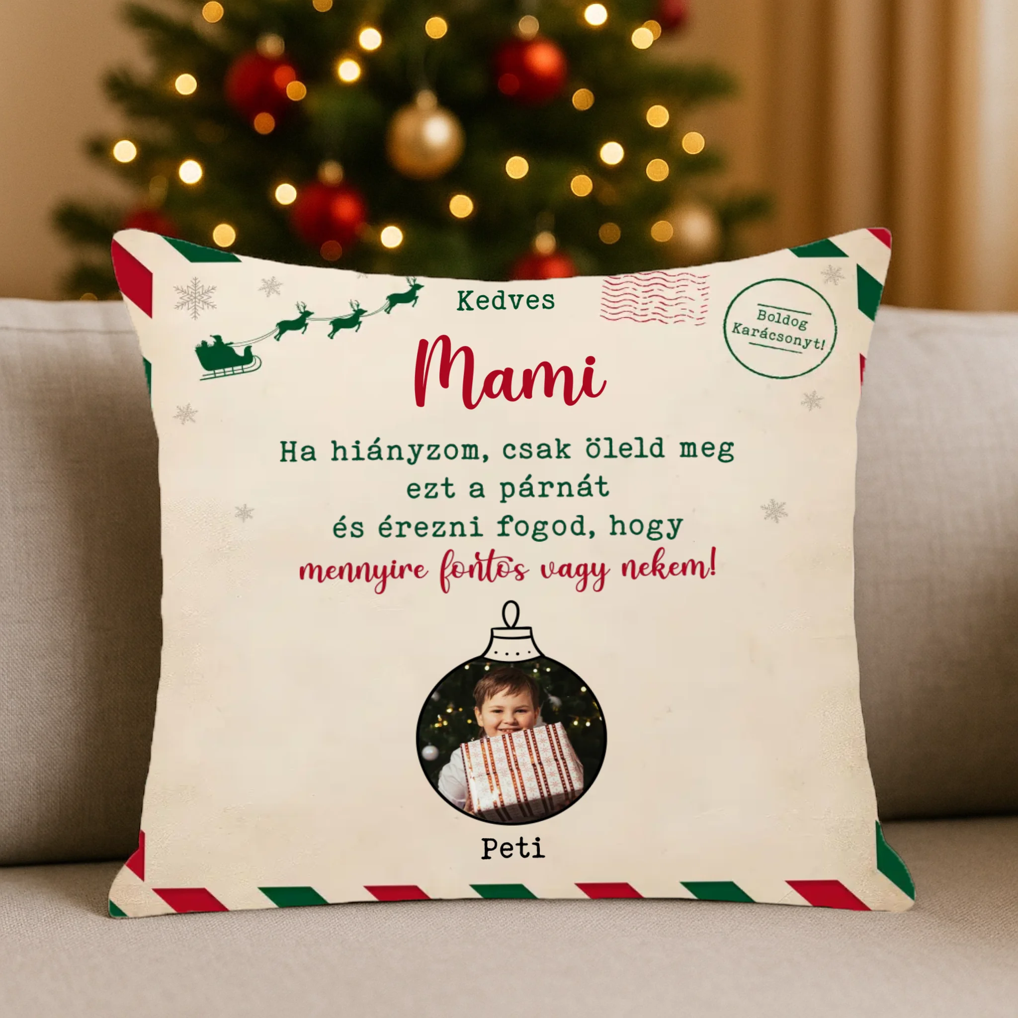 Egyedi karácsonyi fullprint párna fotóval és nevekkel - ajándék családtagoknak