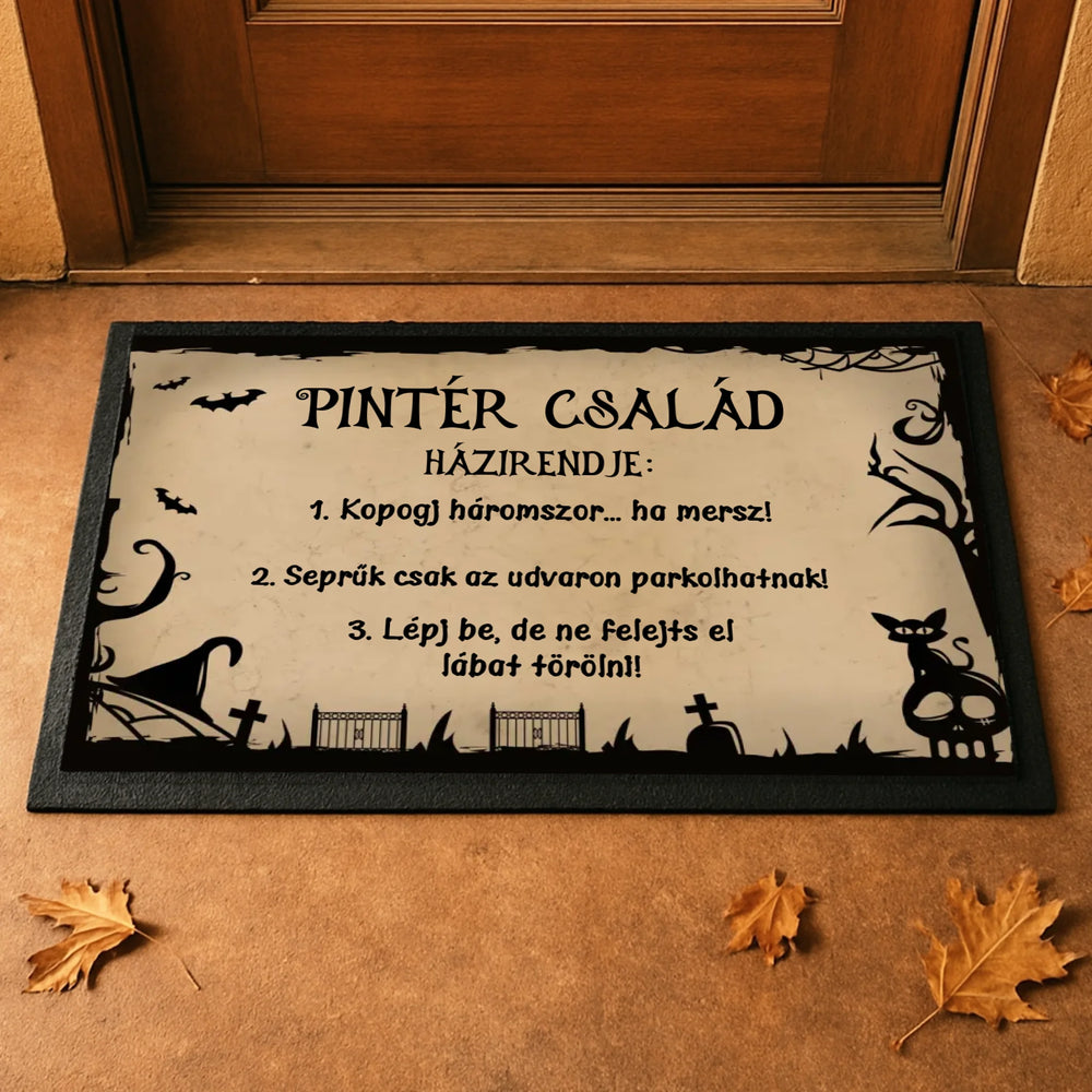 Halloweeni házirend lábtörlő - személyre szabható felirattal