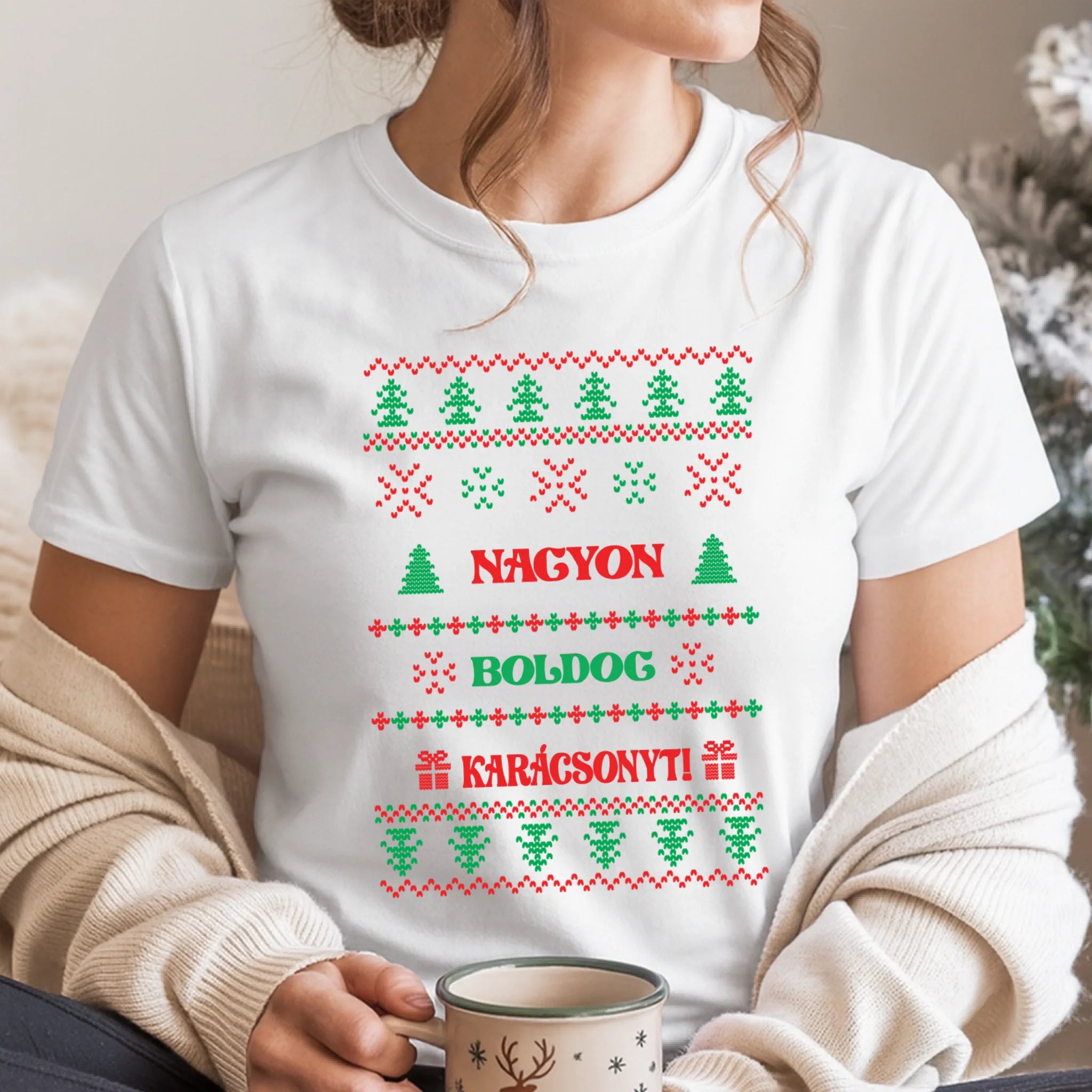 Kötött mintás karácsonyi női póló