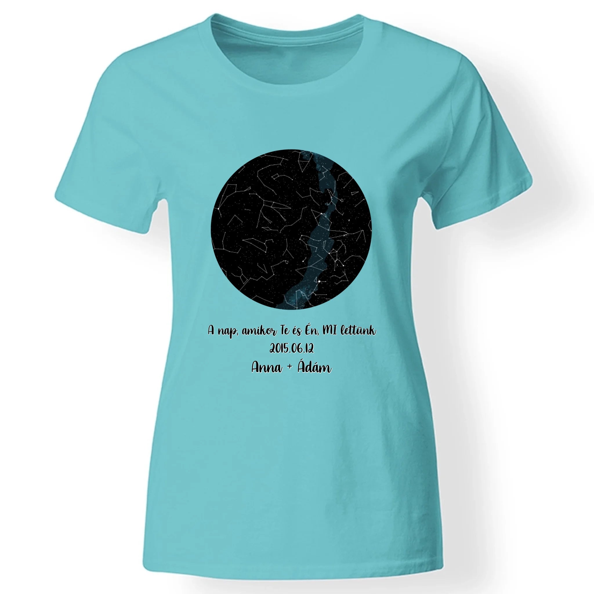 Csillagtérképes egyedi női póló türkiz