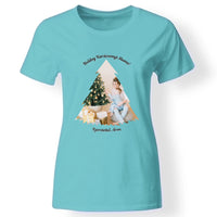 Karácsonyi fenyős női póló egyedi képpel türkiz