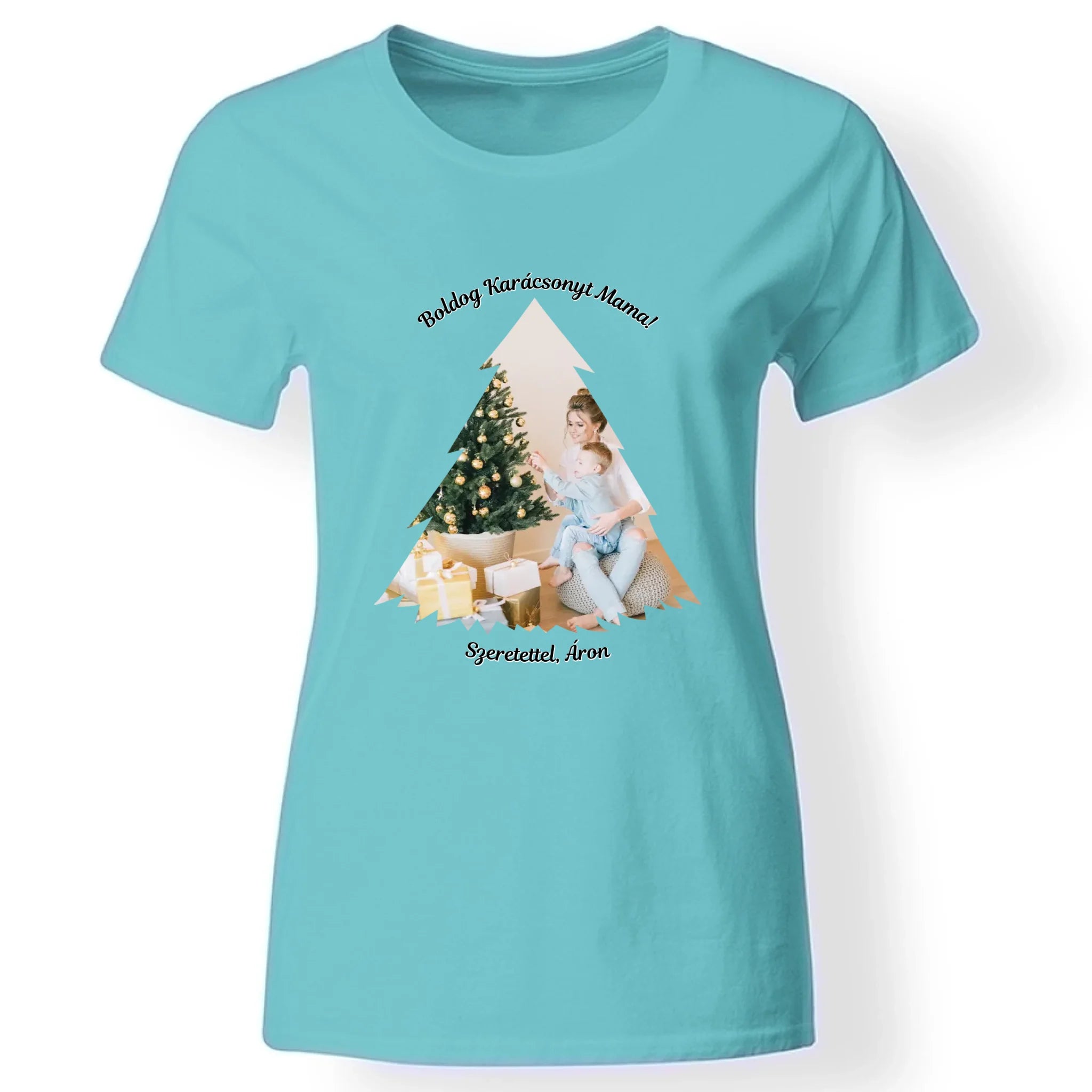 Karácsonyi fenyős női póló egyedi képpel türkiz