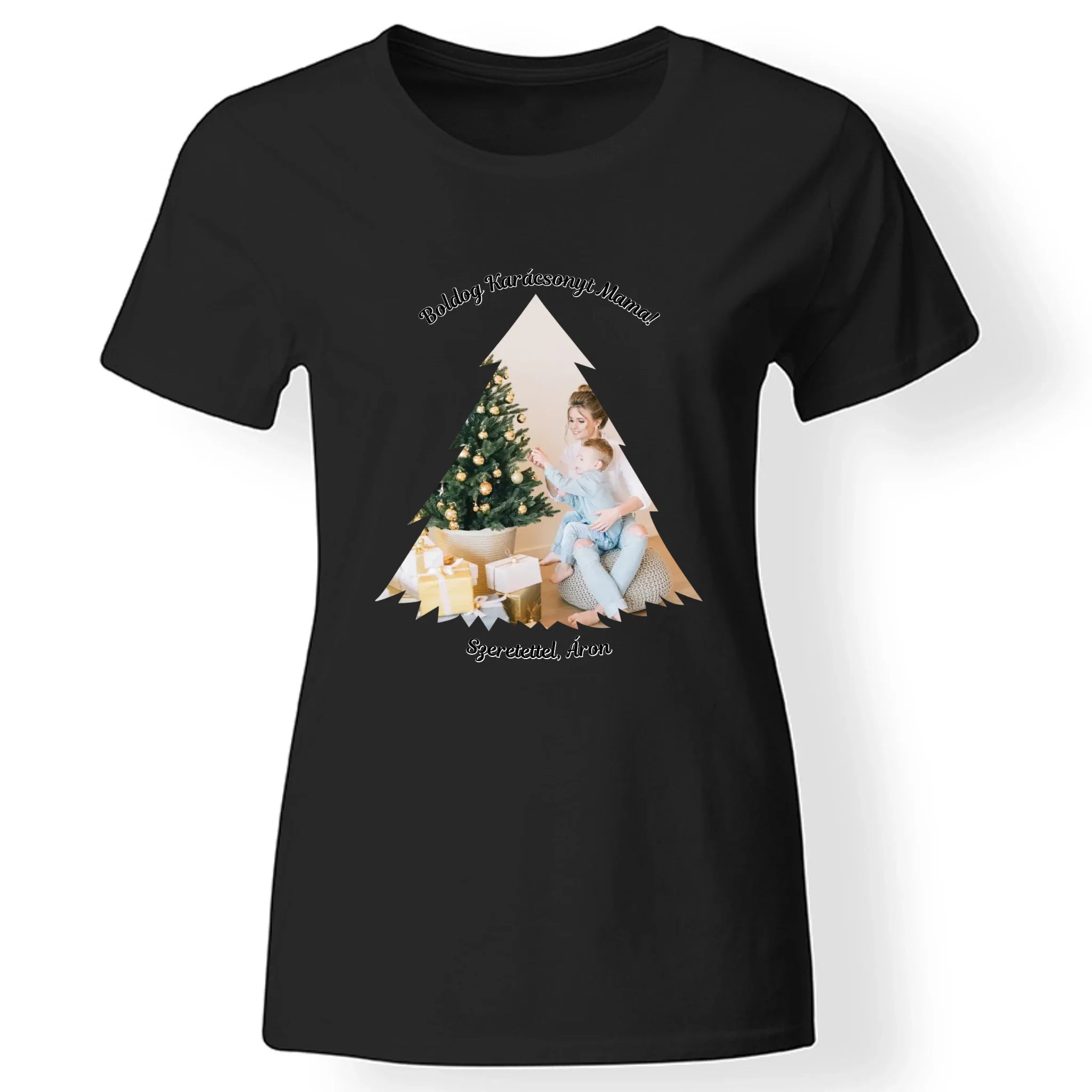Karácsonyi fenyős női póló egyedi képpel fekete
