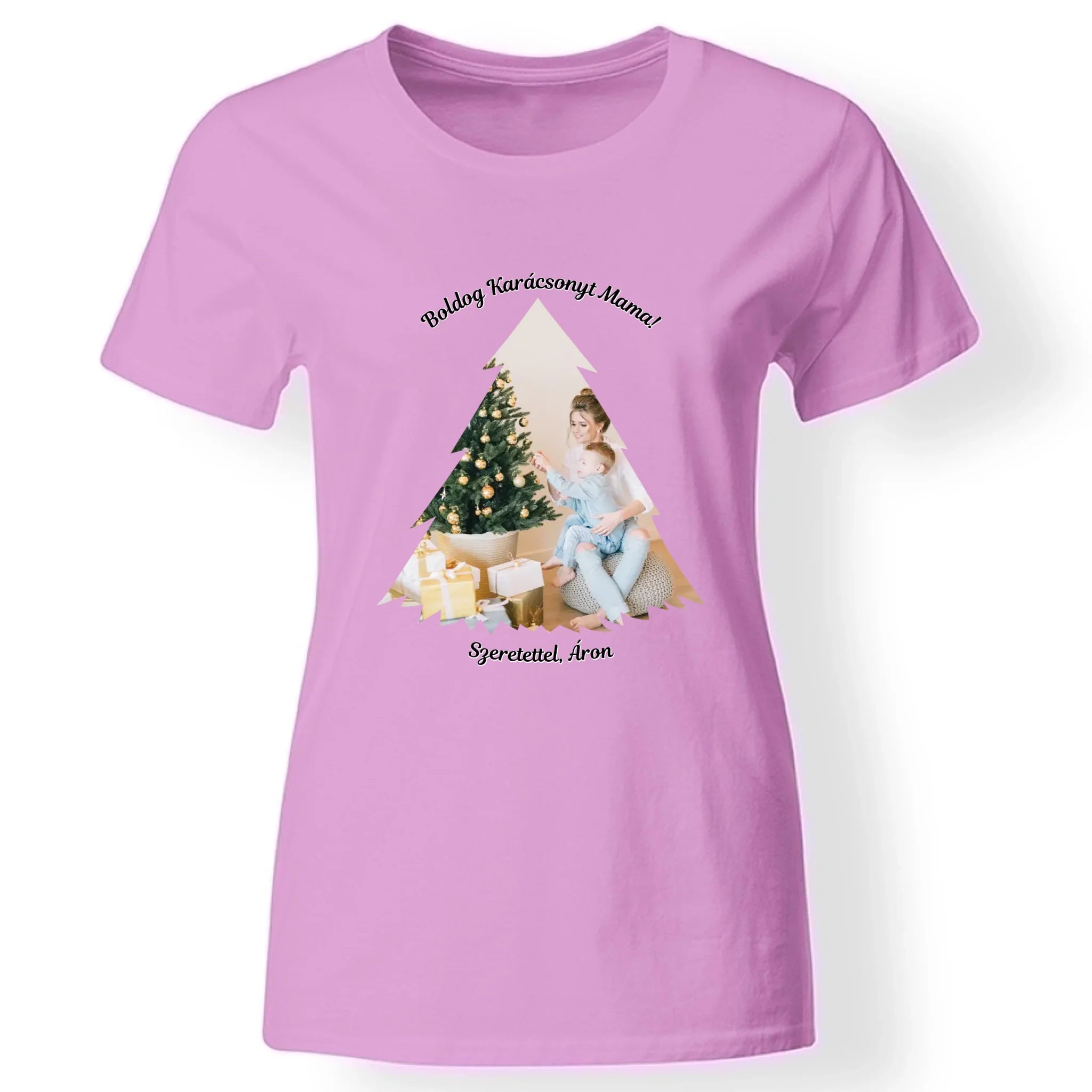 Karácsonyi fenyős női póló egyedi képpel rózsaszín