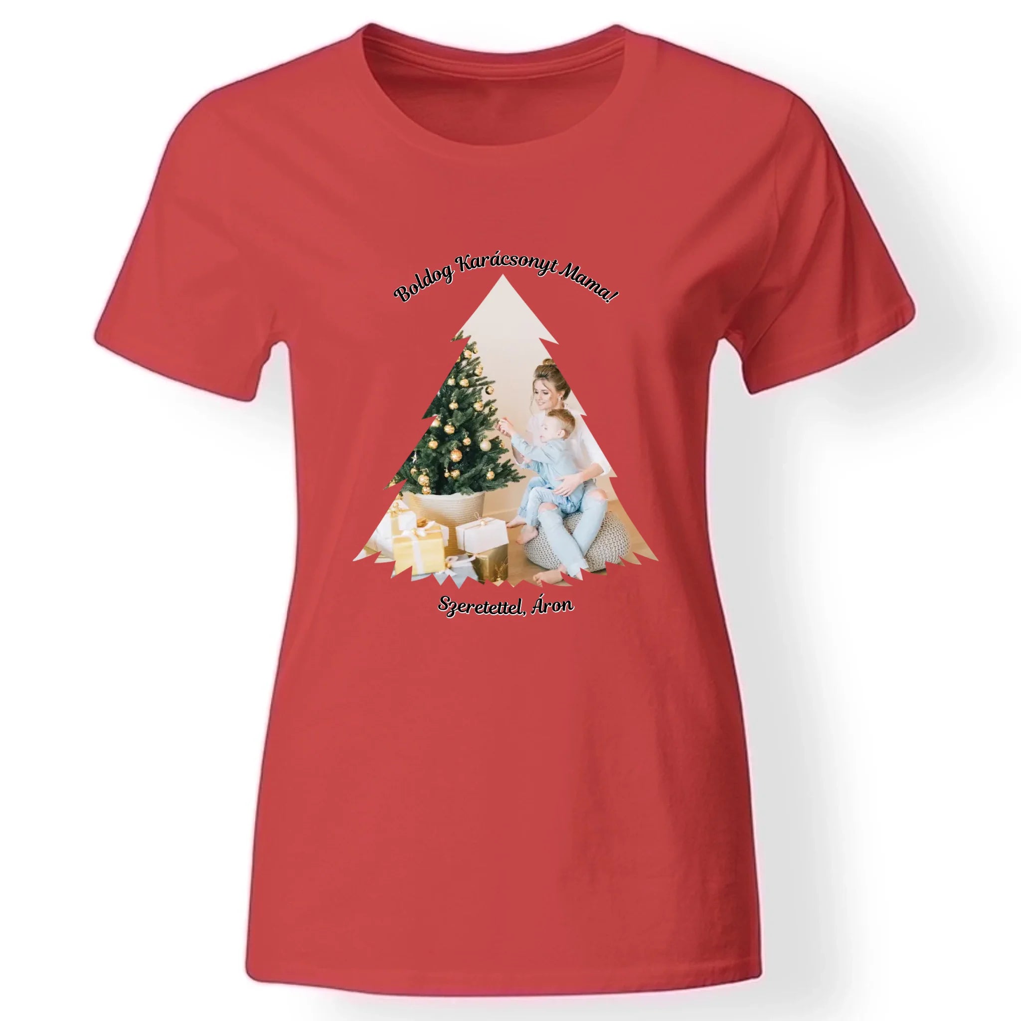 Karácsonyi fenyős női póló egyedi képpel piros