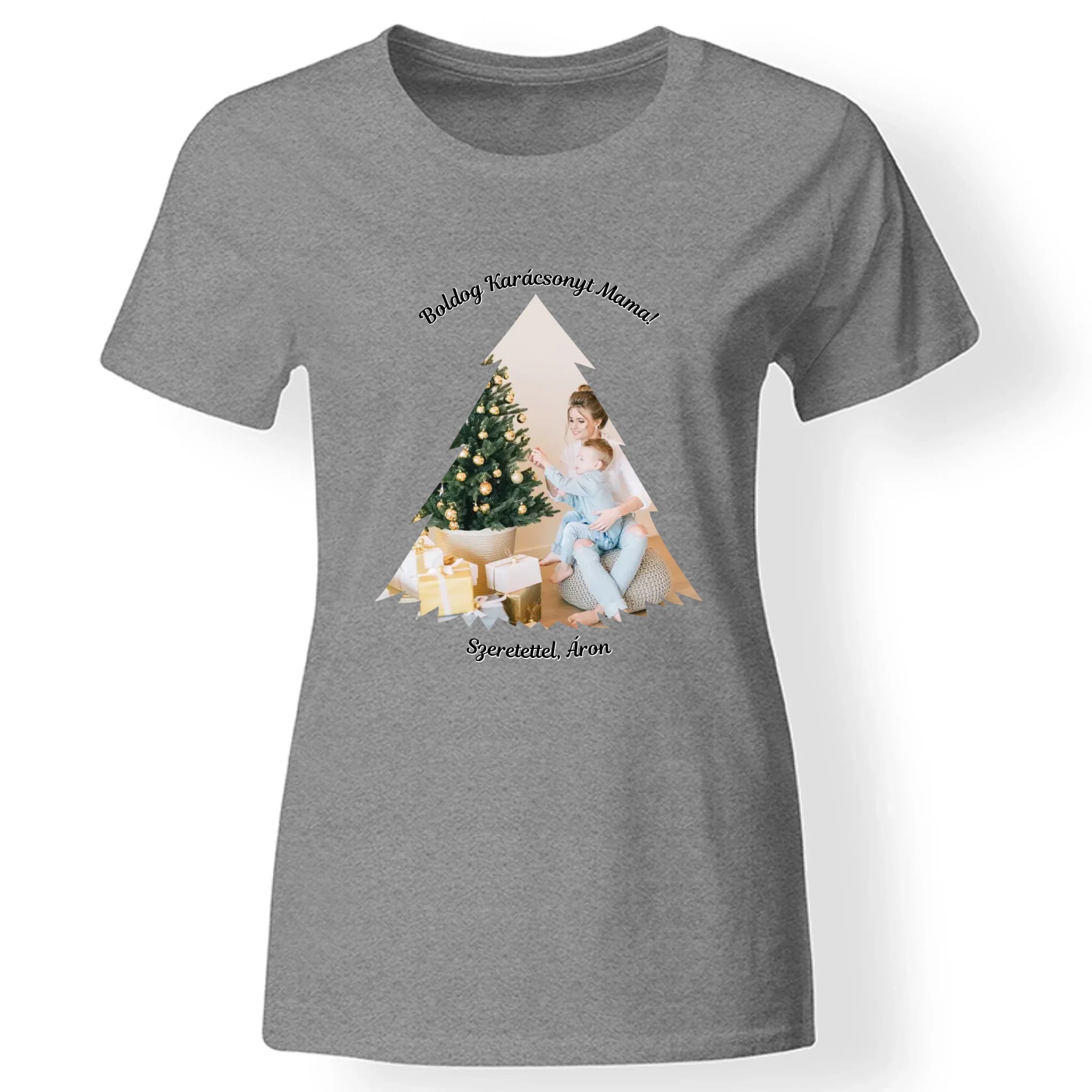 Karácsonyi fenyős női póló egyedi képpel szürke