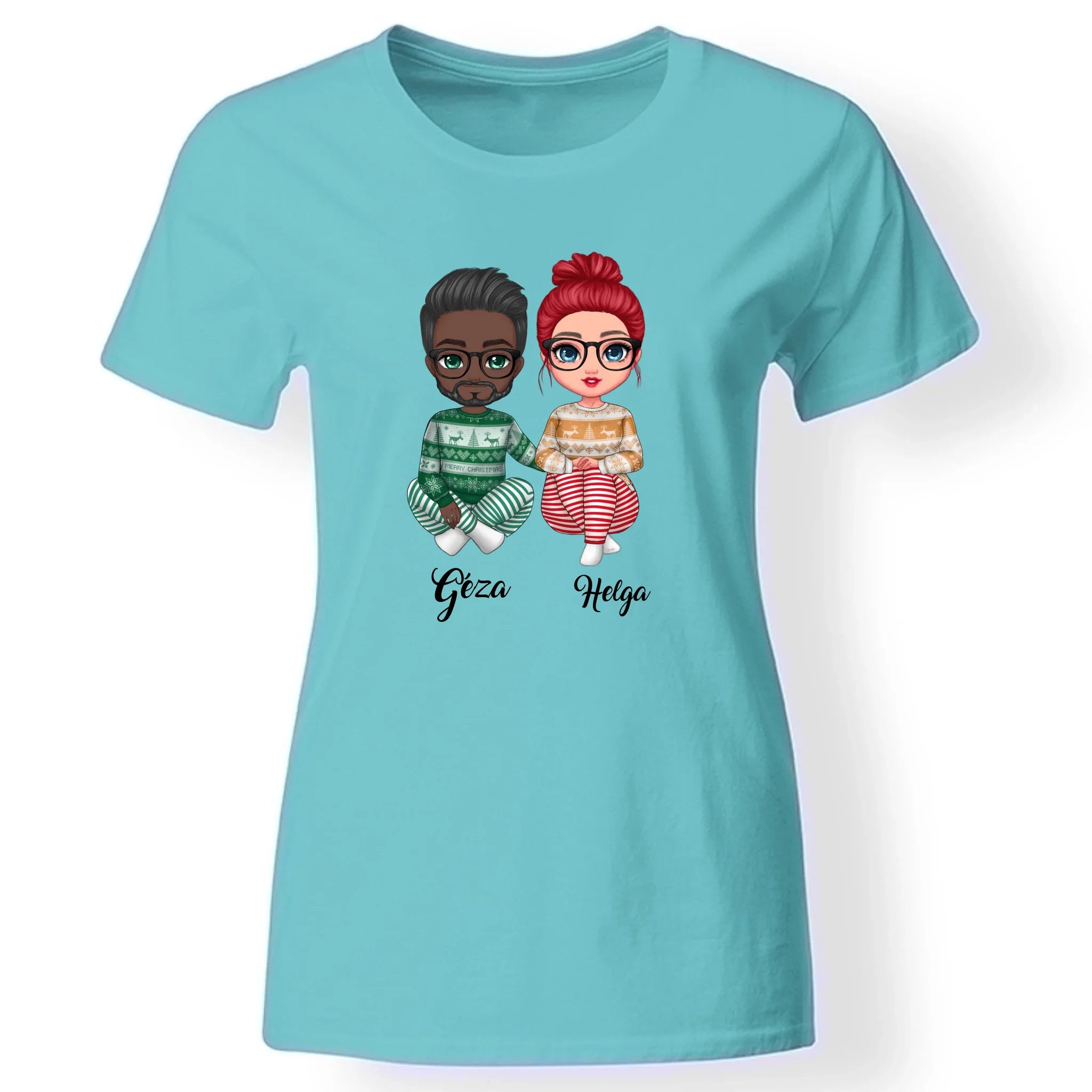 Karácsonyi páros női póló türkiz