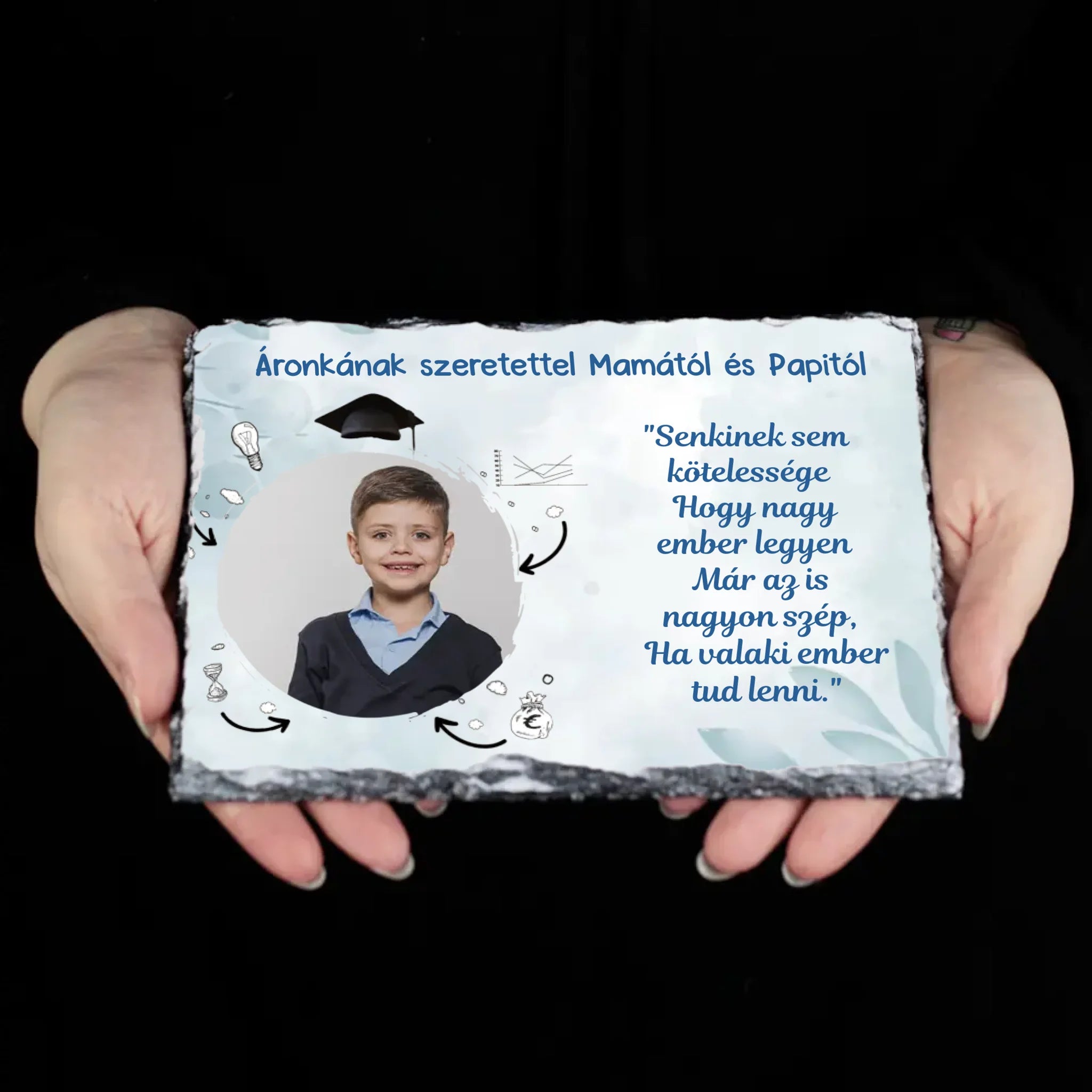 Ballagási ajándék gránitlap egyedi képpel és szerkeszthető felirattal