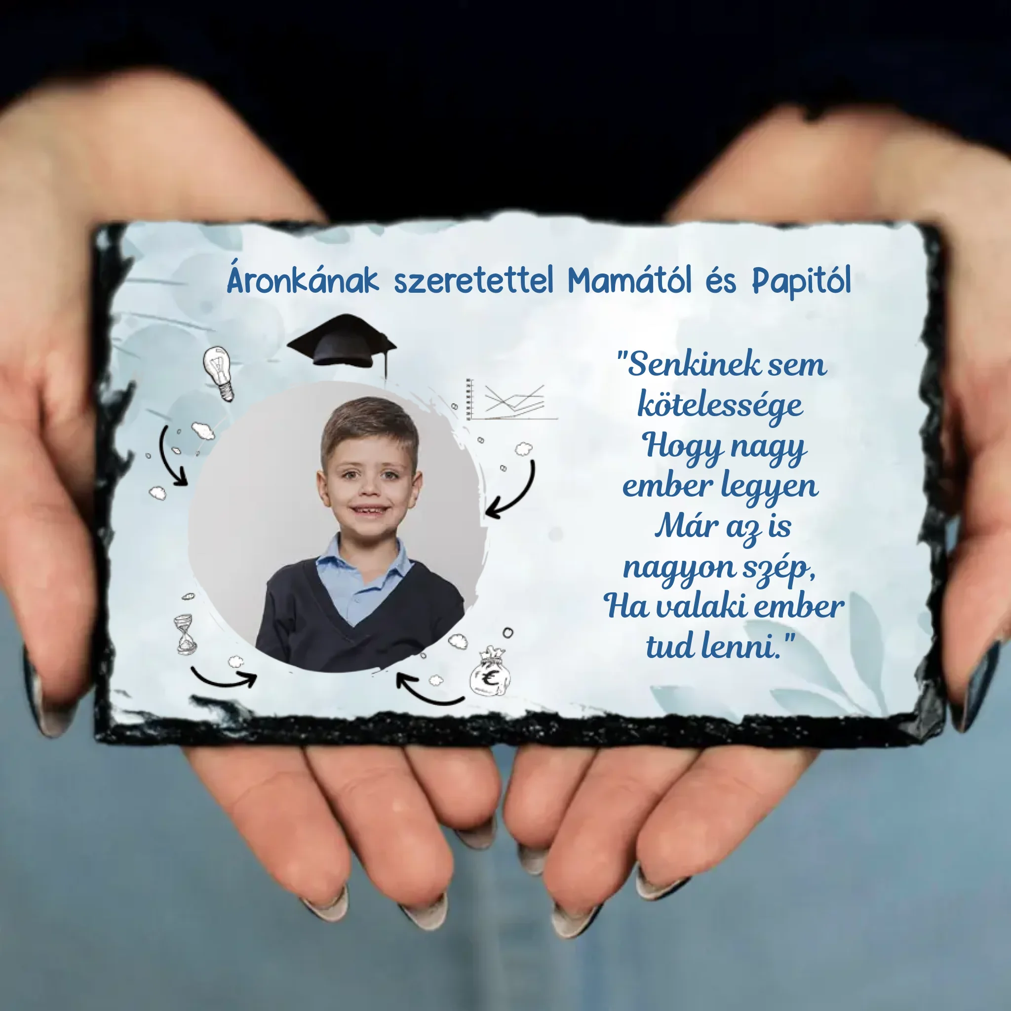 Ballagási ajándék gránitlap egyedi képpel és szerkeszthető felirattal