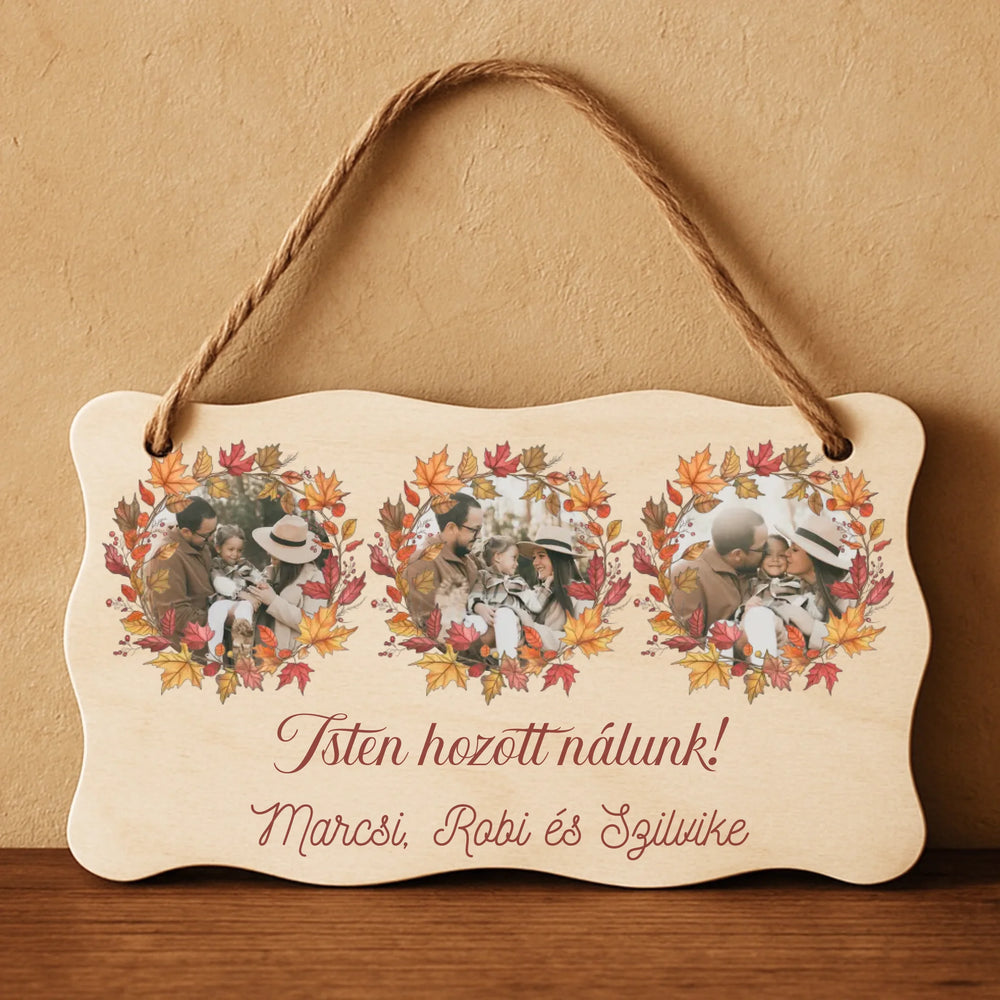 Őszi ajtódísz fatábla egyedi névvel és felirattal három képes
