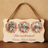 Őszi ajtódísz fatábla egyedi névvel és felirattal három képes