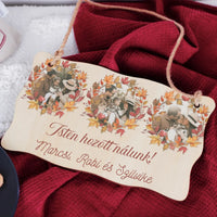 Őszi ajtódísz fatábla egyedi névvel és felirattal három képes