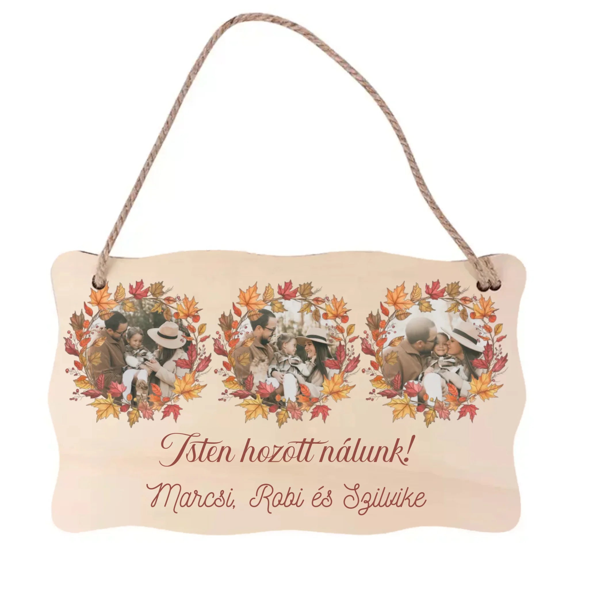 Őszi ajtódísz fatábla egyedi névvel és felirattal három képes