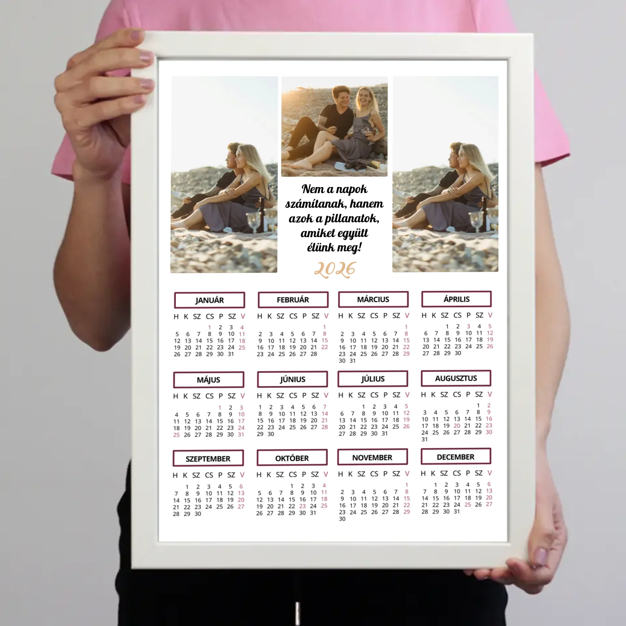 2026 falikép álló naptár 3 képpel és egyedi felirattal
