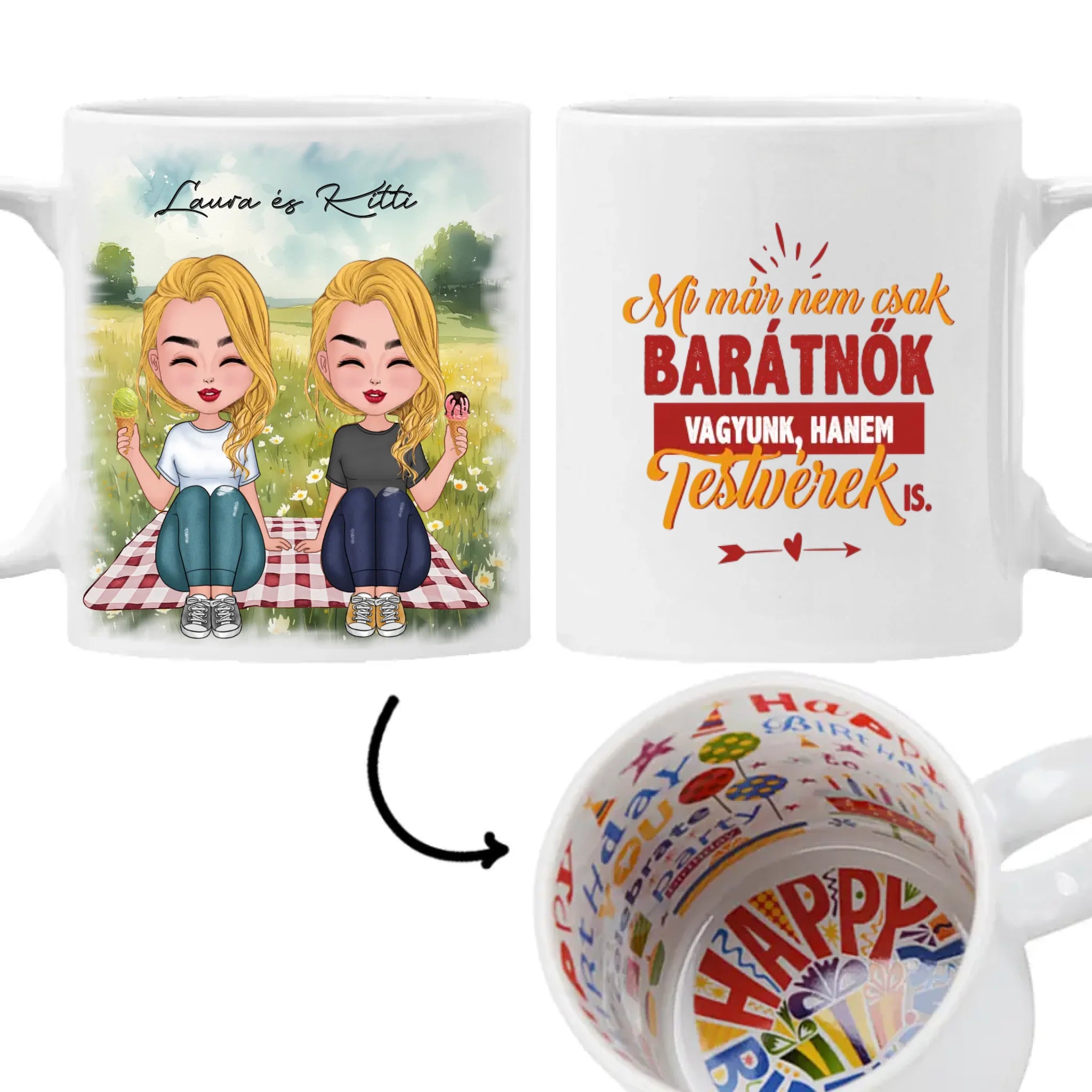 Csukottszemű cuki barátnős egyedi ajándék bögre választható karakterekkel