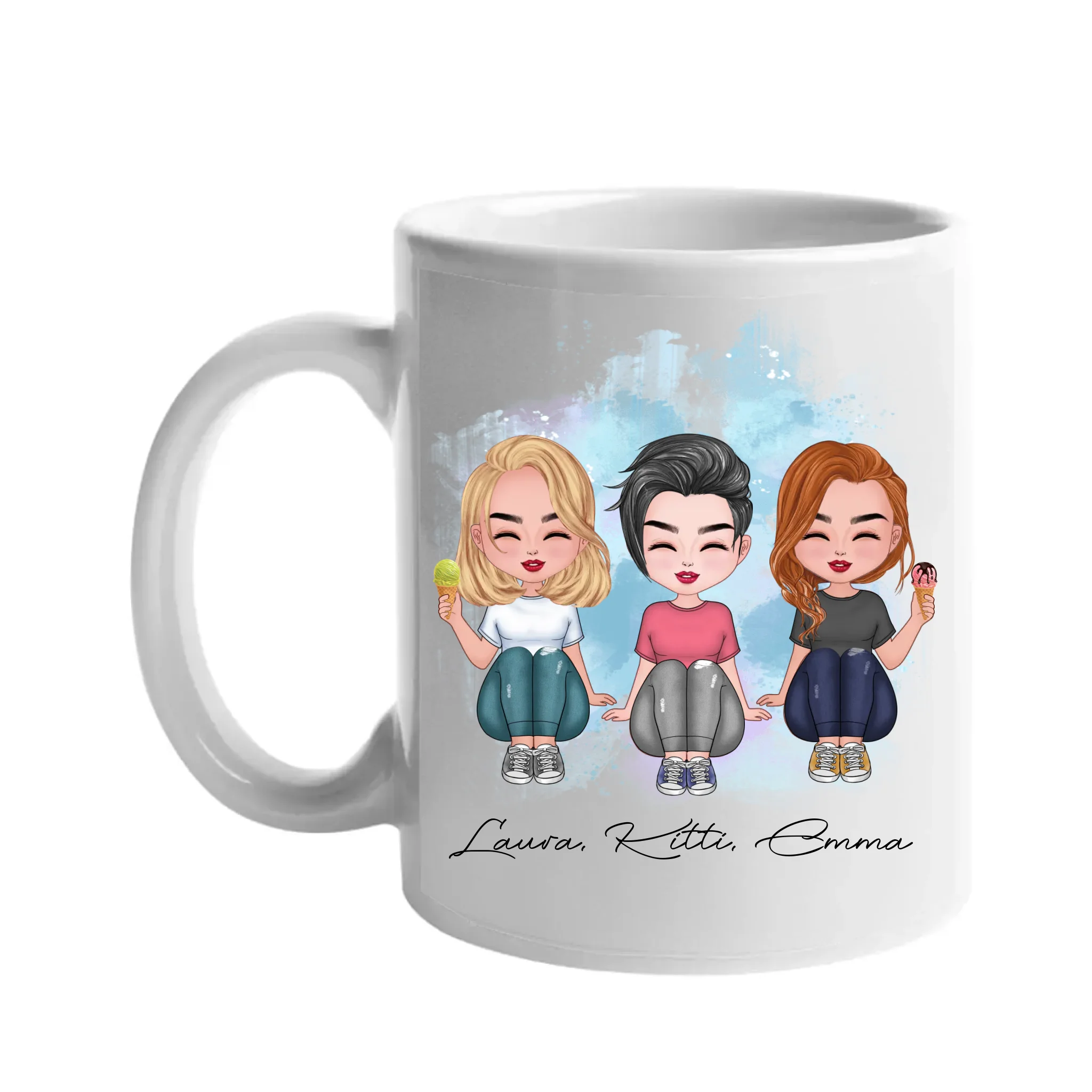 Csukottszemű 3 cuki barátnős bögre