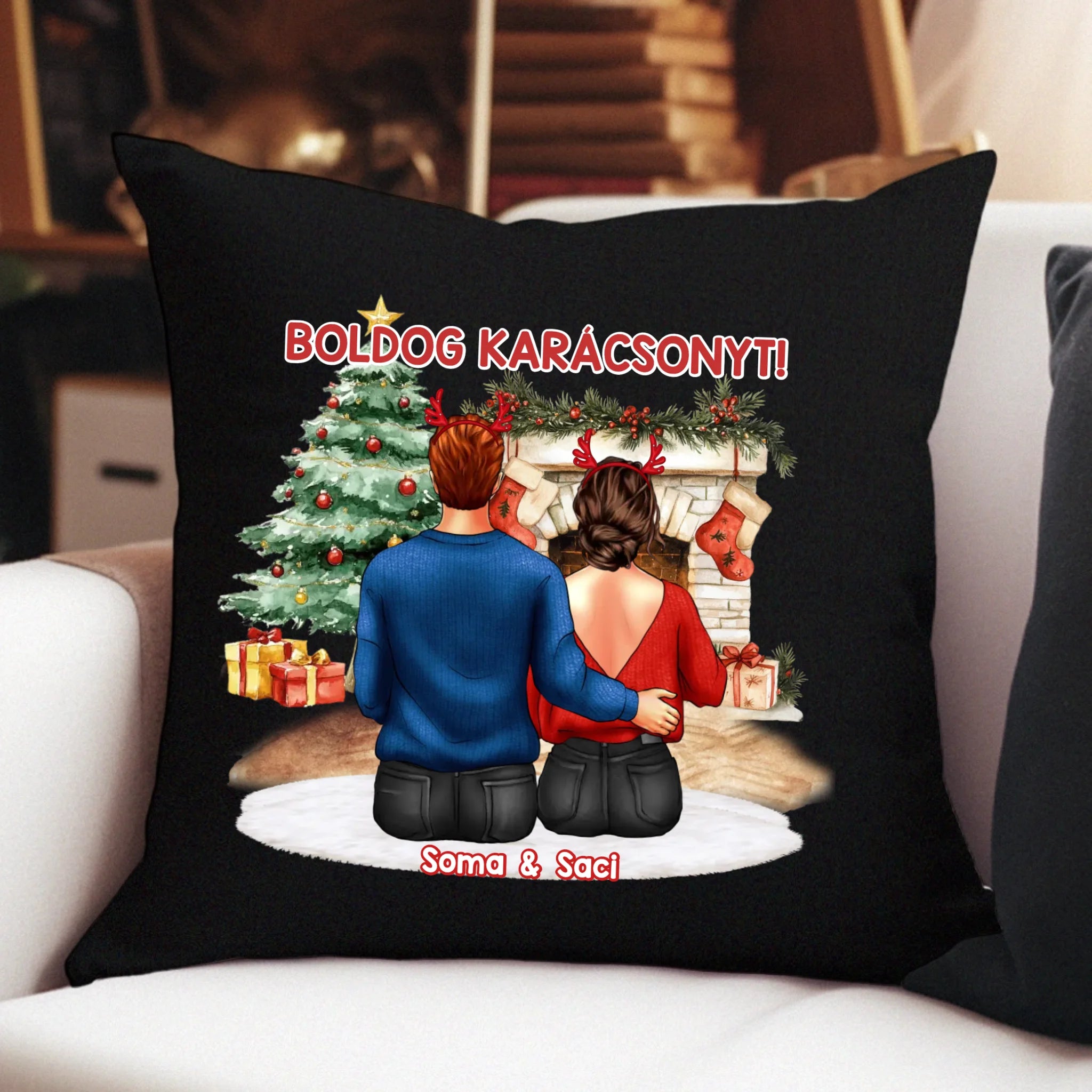 Karácsonyi ajándék párna pároknak fekete huzattal