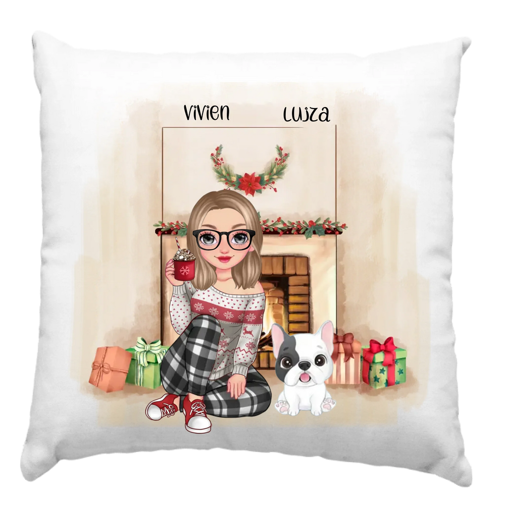 Karácsonyi cukifejű nő gazdi kutyával