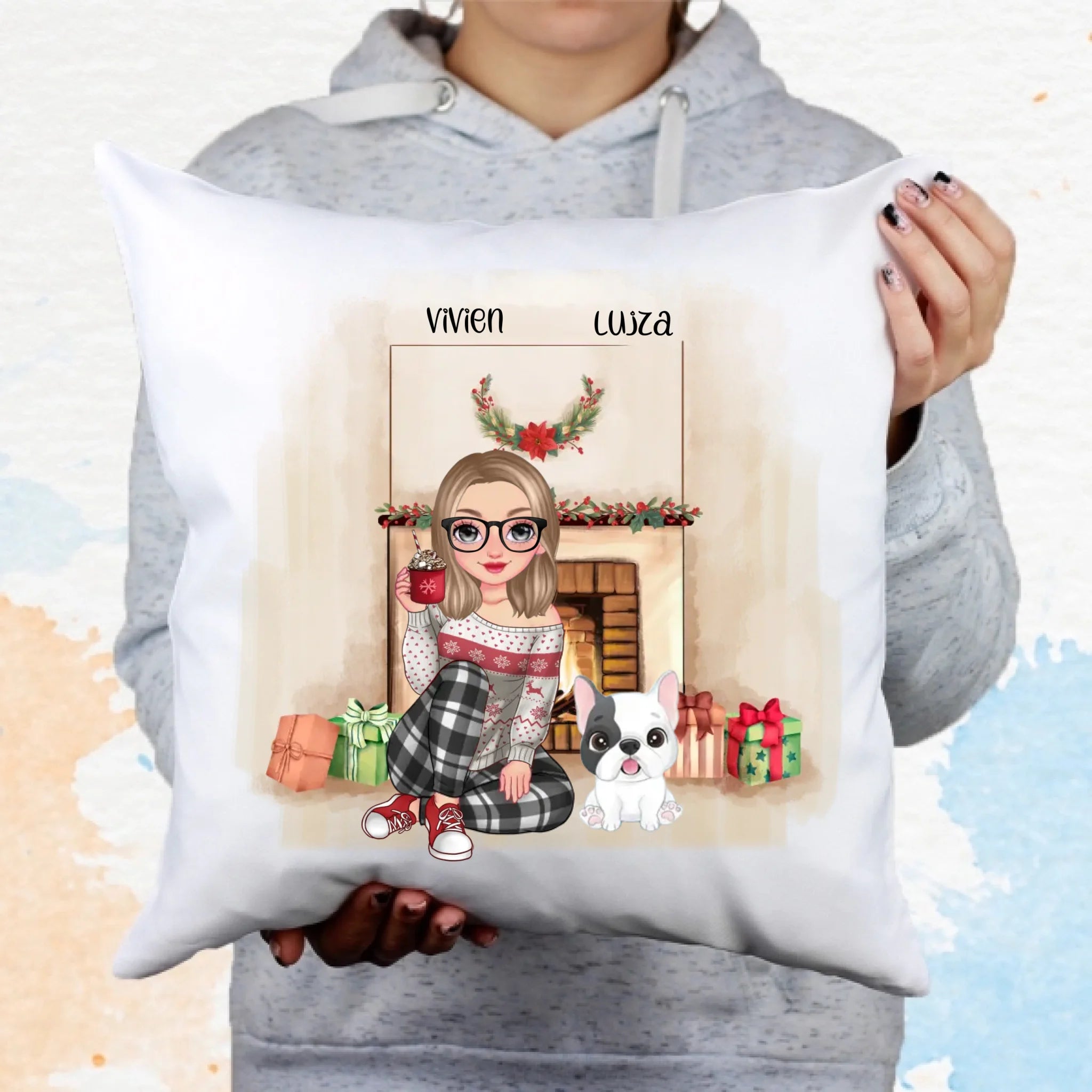 Karácsonyi cukifejű nő gazdi kutyával