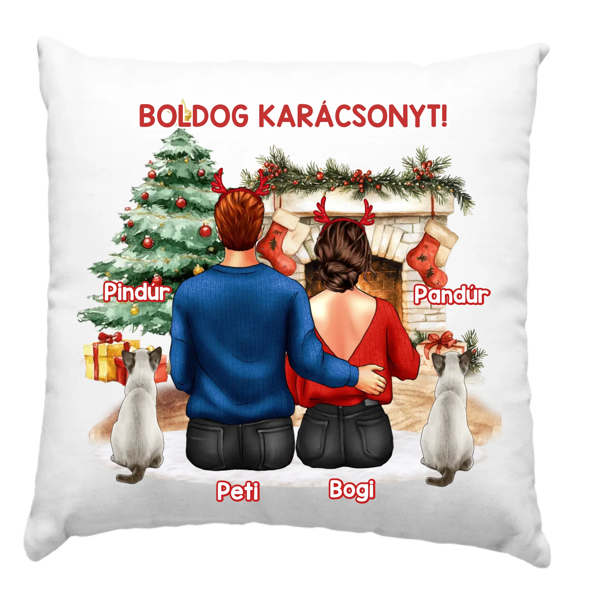 Karácsonyi ajándék párna macskás pároknak fehér alapon