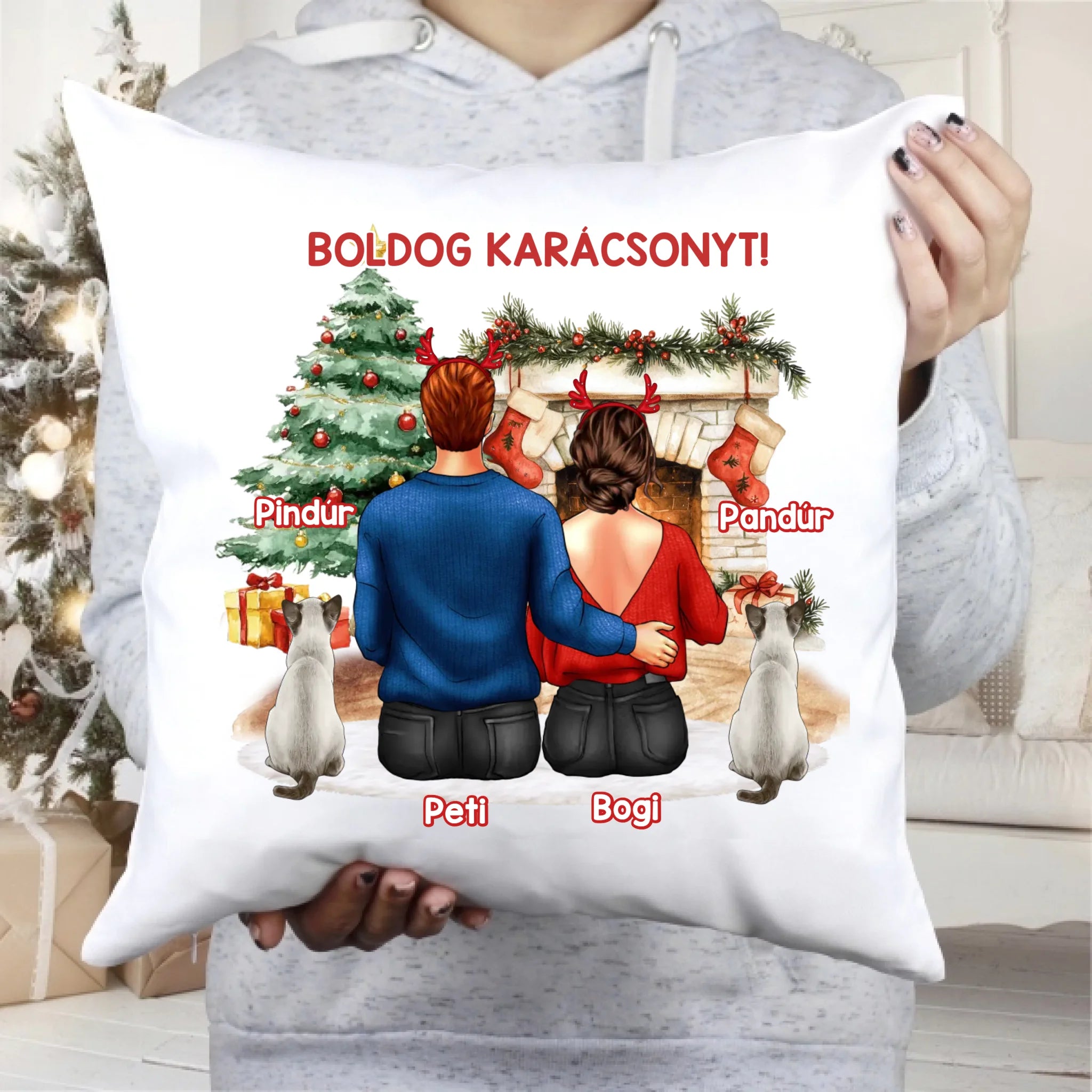Karácsonyi ajándék párna macskás pároknak fehér alapon