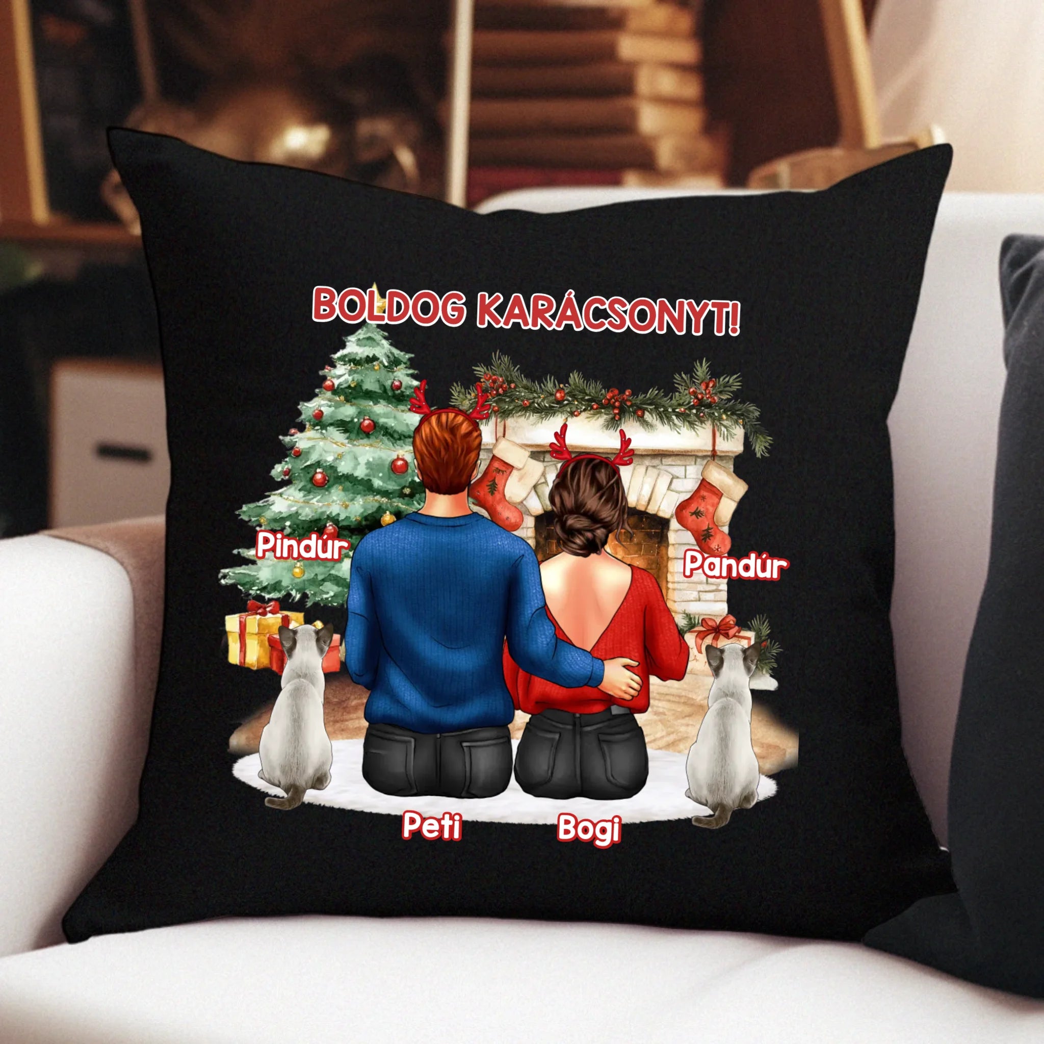 Karácsonyi ajándék párna macskás pároknak fekete alapon