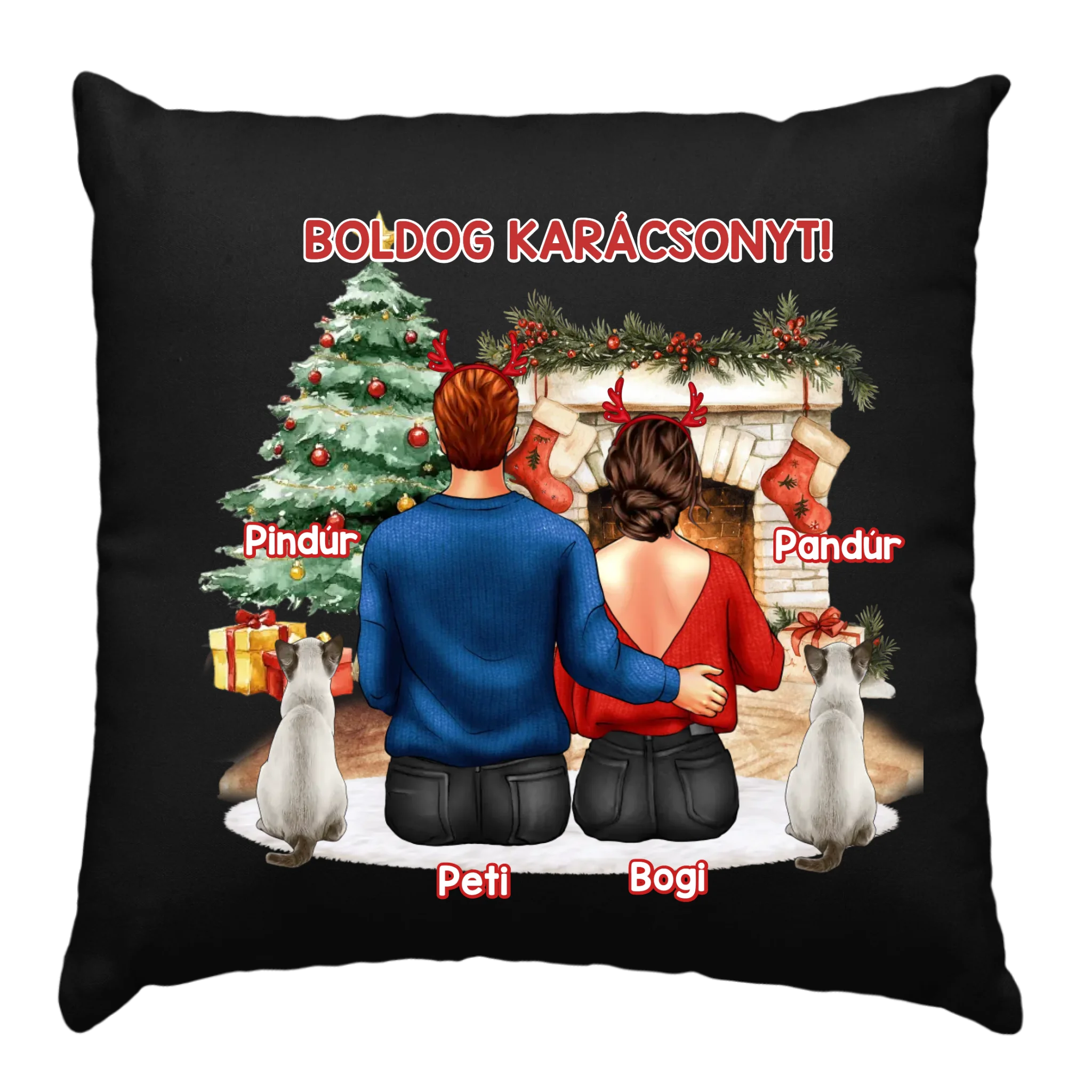 Karácsonyi ajándék párna macskás pároknak fekete alapon