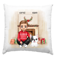 Karácsonyi cukifejű férfi gazdi kutyával