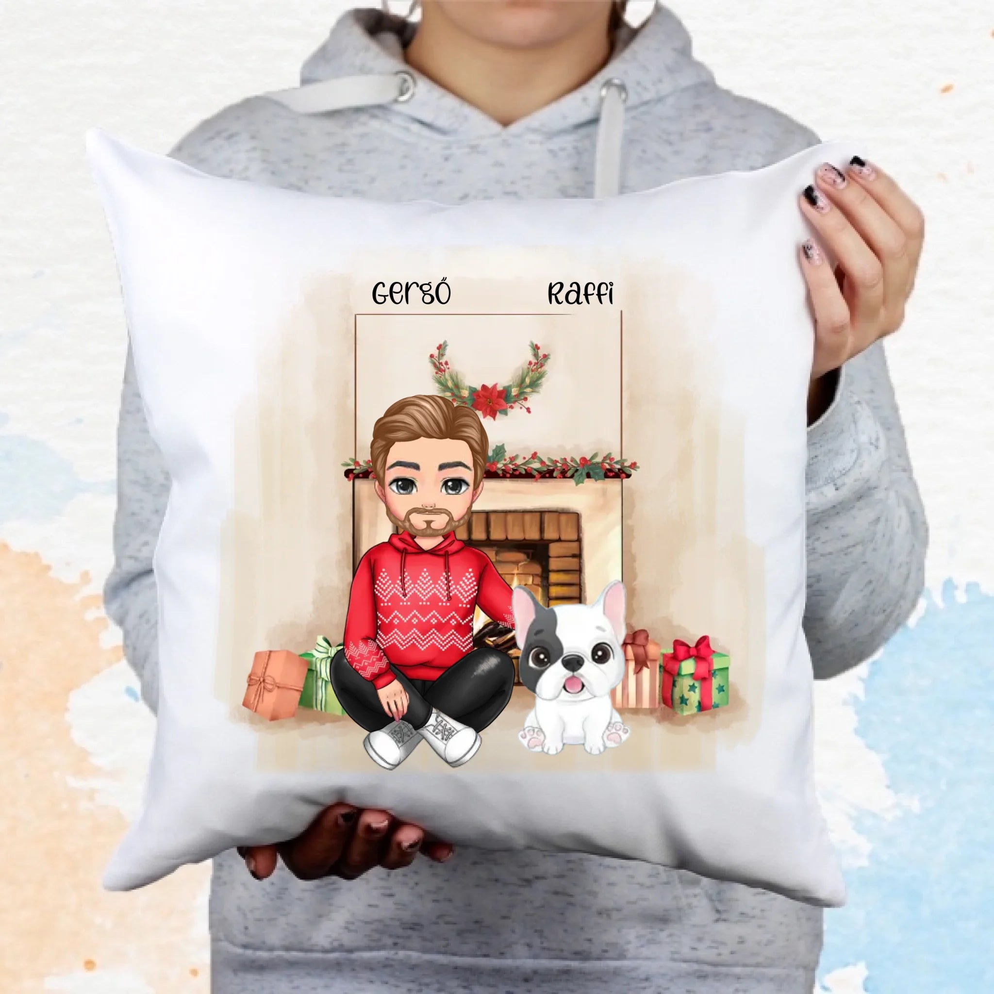 Karácsonyi cukifejű férfi gazdi kutyával