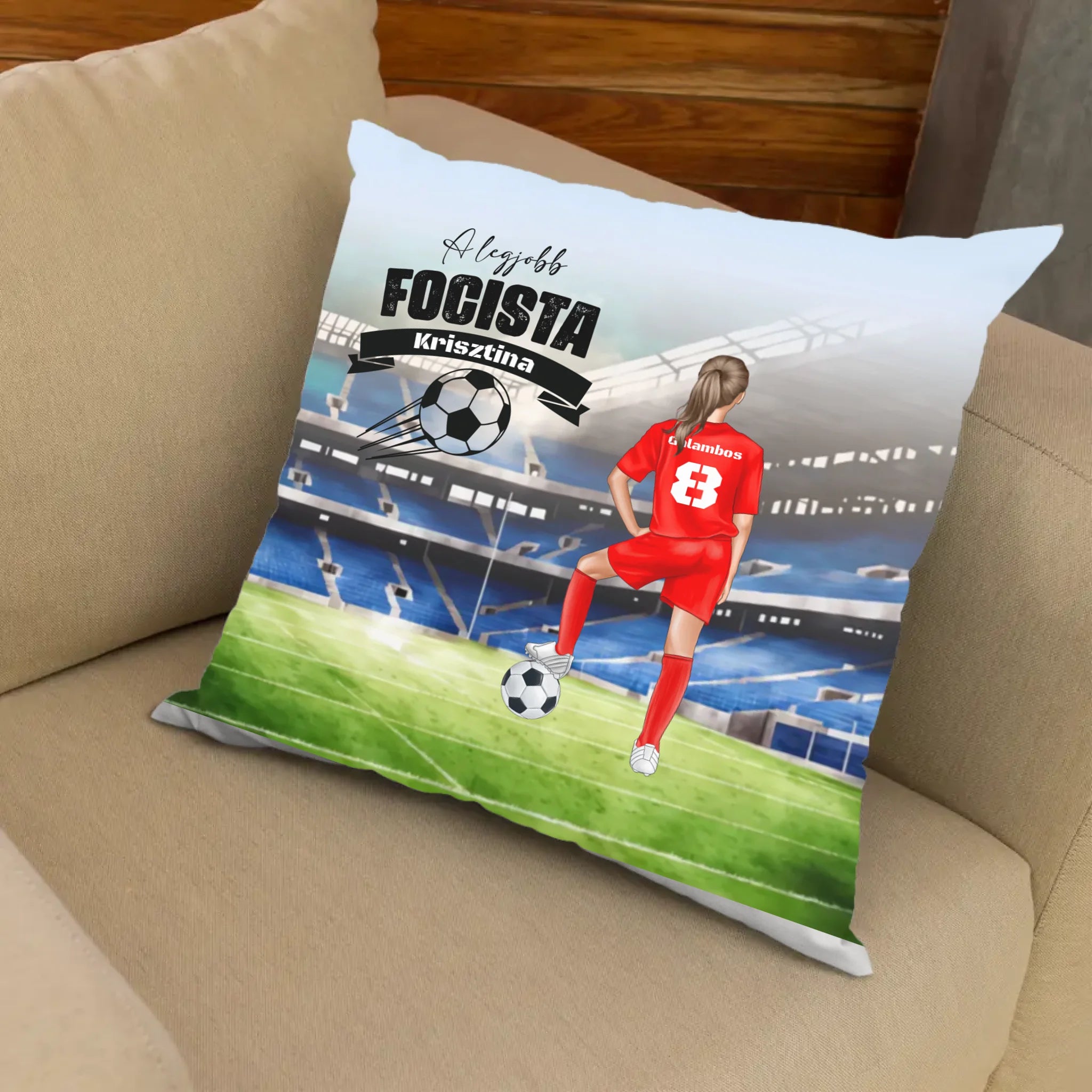 Lány focista szerkeszthető karakteres telinyomatos FullPrint párna