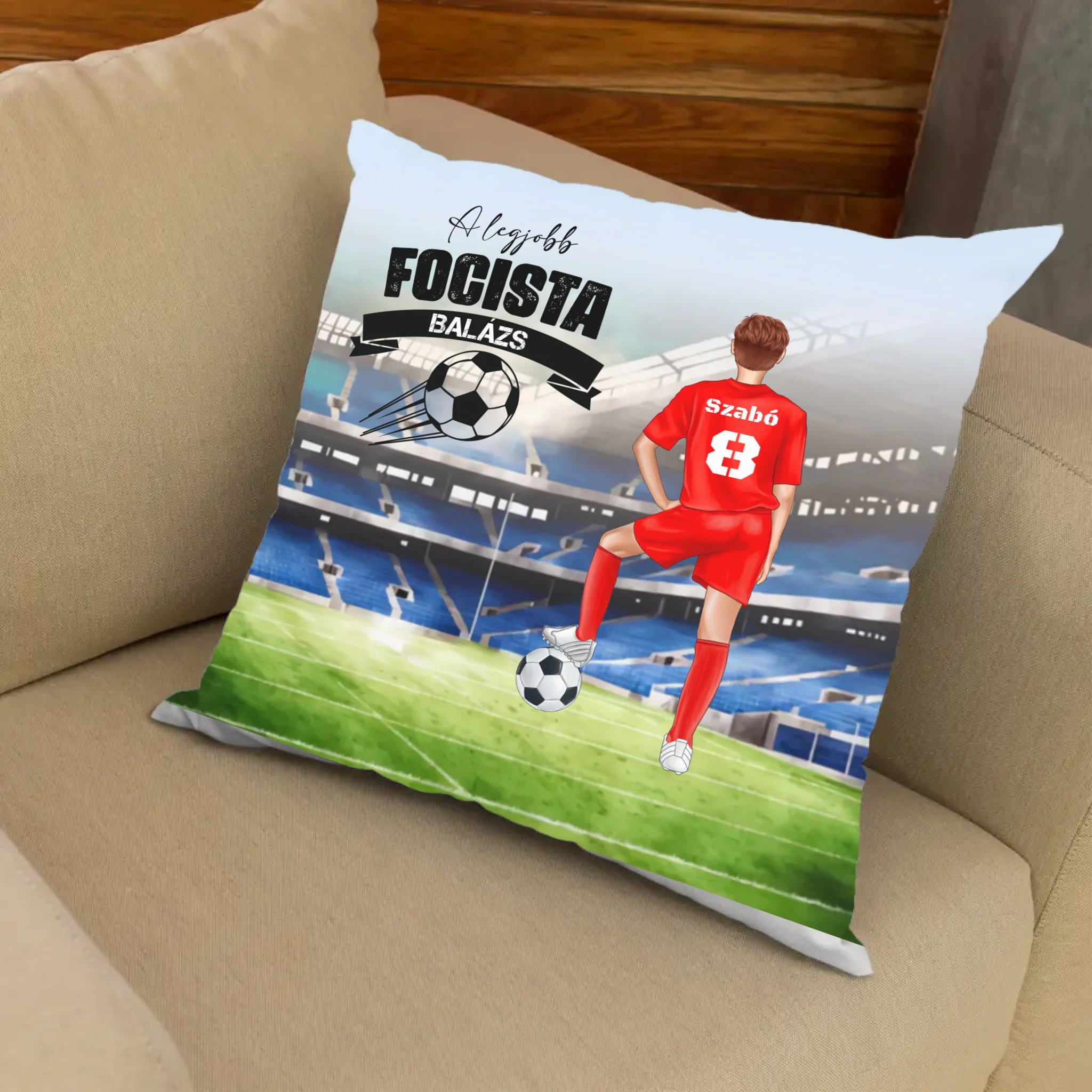 Fiú focista szerkeszthető karakteres telinyomatos FullPrint párna